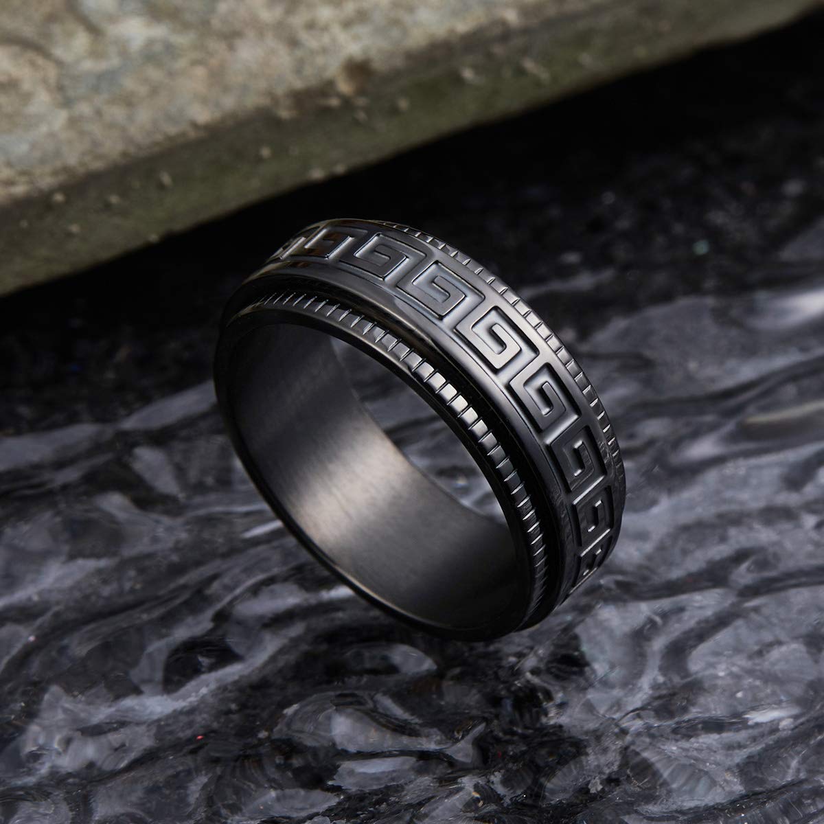 King Will 8mm Black Spinner Stainless Steel Ring Fidget Ring Anxiety Ring for Men Greek Key Pattern - FocusAid Essentials: Empowering ADHD Living