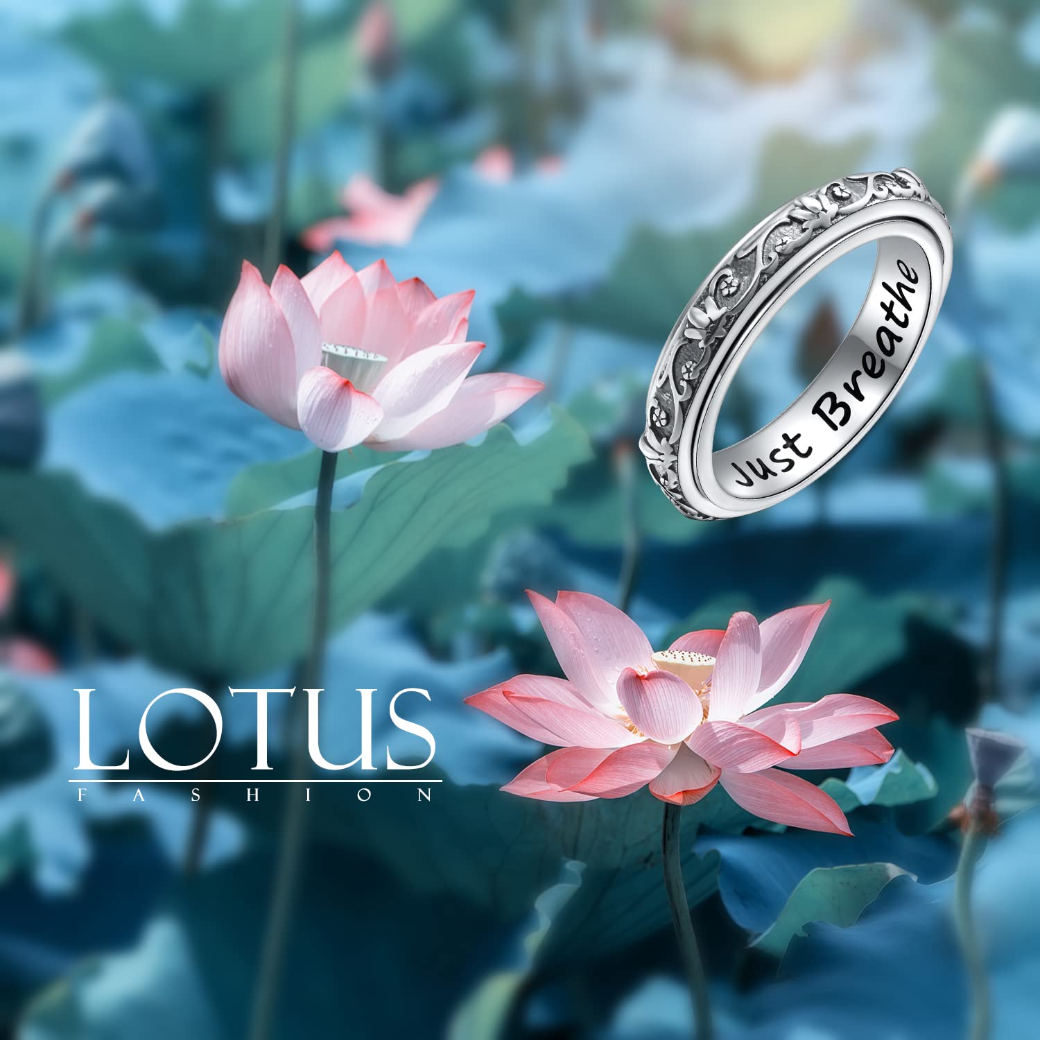 Ladytree Spinner Fidget Ring S925 Sterling Silver Lotus Flower Yoga Just Breathe Anxiety Worry Band Oxidized Fidget Stress Relieving Boredom ADHD Autism Rings for Women Men,Size 8 - FocusAid Essentials: Empowering ADHD Living