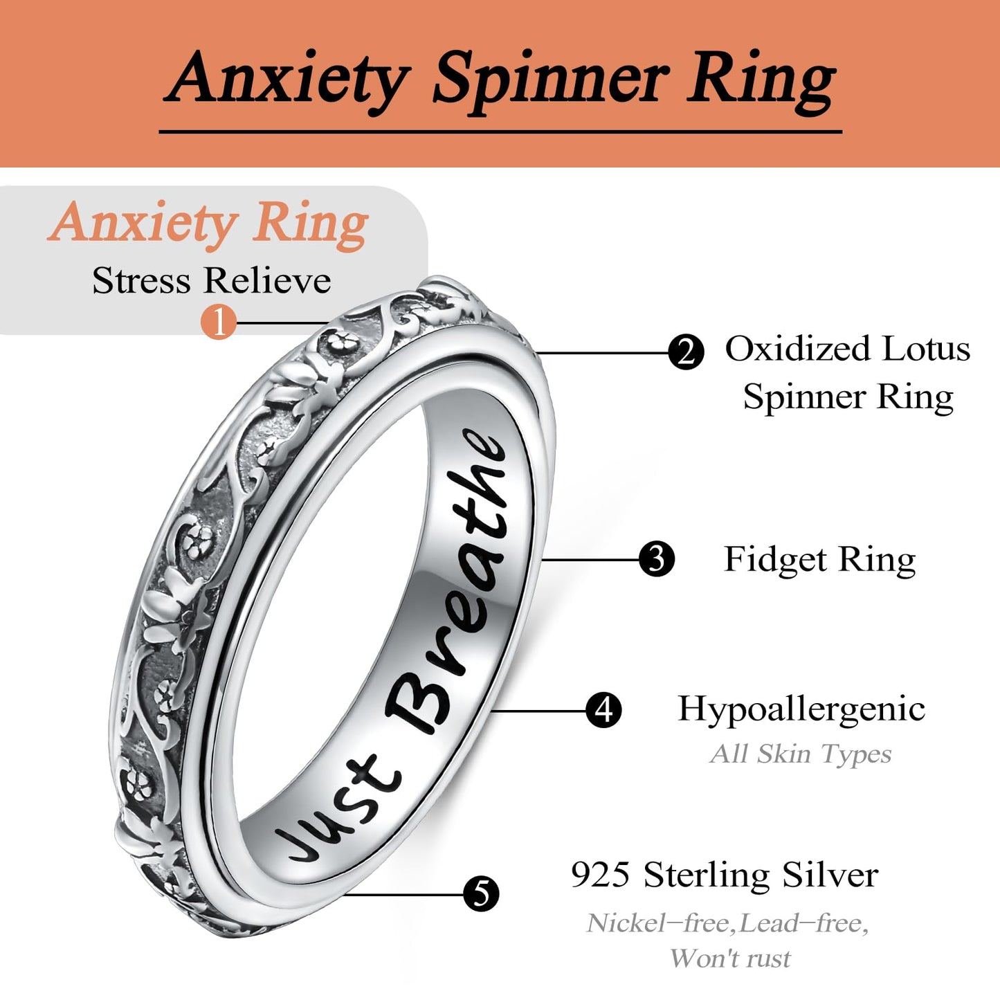 Ladytree Spinner Fidget Ring S925 Sterling Silver Lotus Flower Yoga Just Breathe Anxiety Worry Band Oxidized Fidget Stress Relieving Boredom ADHD Autism Rings for Women Men,Size 8 - FocusAid Essentials: Empowering ADHD Living