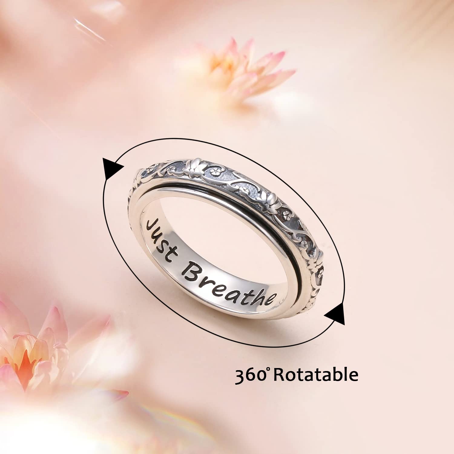 Ladytree Spinner Fidget Ring S925 Sterling Silver Lotus Flower Yoga Just Breathe Anxiety Worry Band Oxidized Fidget Stress Relieving Boredom ADHD Autism Rings for Women Men,Size 8 - FocusAid Essentials: Empowering ADHD Living