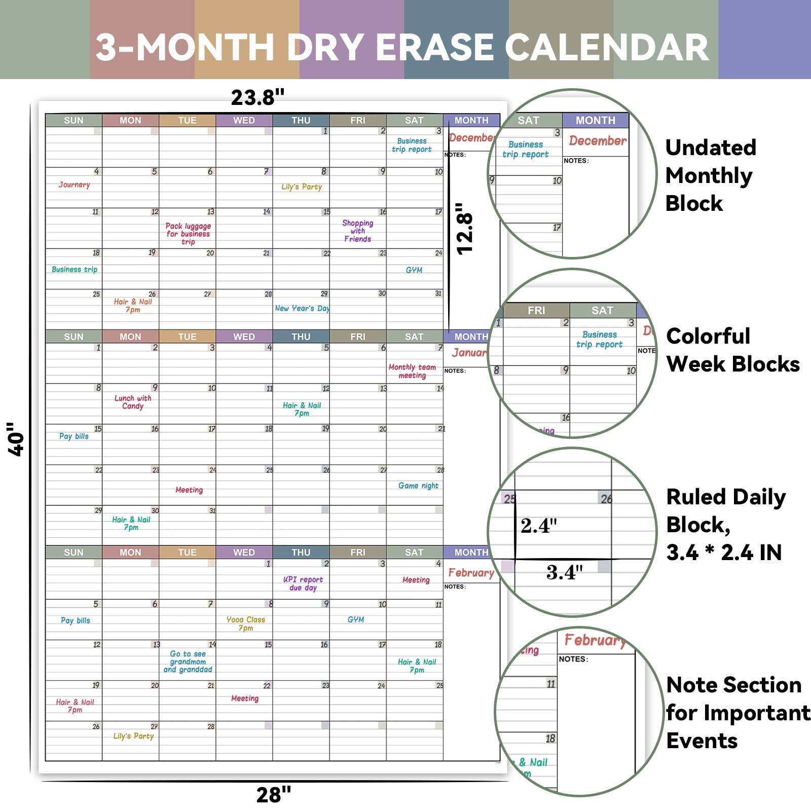 Large Dry Erase Calendar For Wall - Undated 3 Month Calendar, 28'' x 40'', Erasable & Reusable Laminated White Board, 8 Round Stickers, Vertical Calendar for Office, Home and School - FocusAid Essentials: Empowering ADHD Living