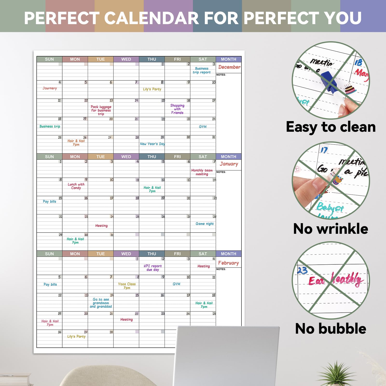 Large Dry Erase Calendar For Wall - Undated 3 Month Calendar, 28'' x 40'', Erasable & Reusable Laminated White Board, 8 Round Stickers, Vertical Calendar for Office, Home and School - FocusAid Essentials: Empowering ADHD Living