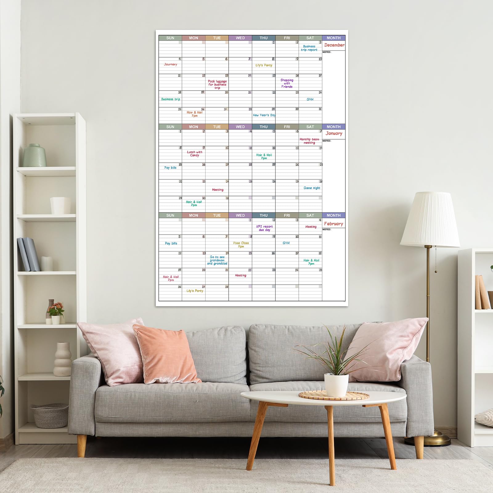 Large Dry Erase Calendar For Wall - Undated 3 Month Calendar, 28'' x 40'', Erasable & Reusable Laminated White Board, 8 Round Stickers, Vertical Calendar for Office, Home and School - FocusAid Essentials: Empowering ADHD Living