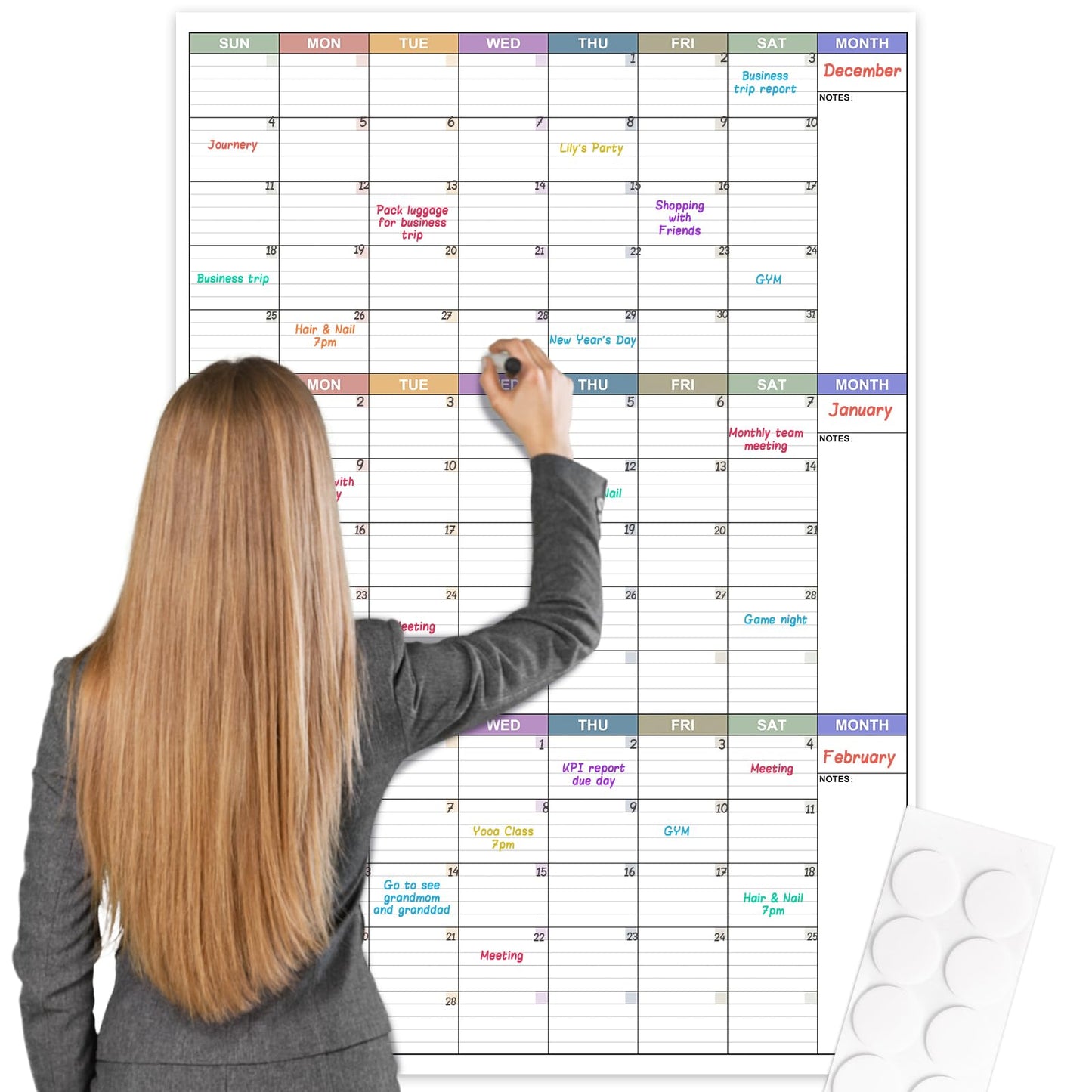 Large Dry Erase Calendar For Wall - Undated 3 Month Calendar, 28'' x 40'', Erasable & Reusable Laminated White Board, 8 Round Stickers, Vertical Calendar for Office, Home and School - FocusAid Essentials: Empowering ADHD Living