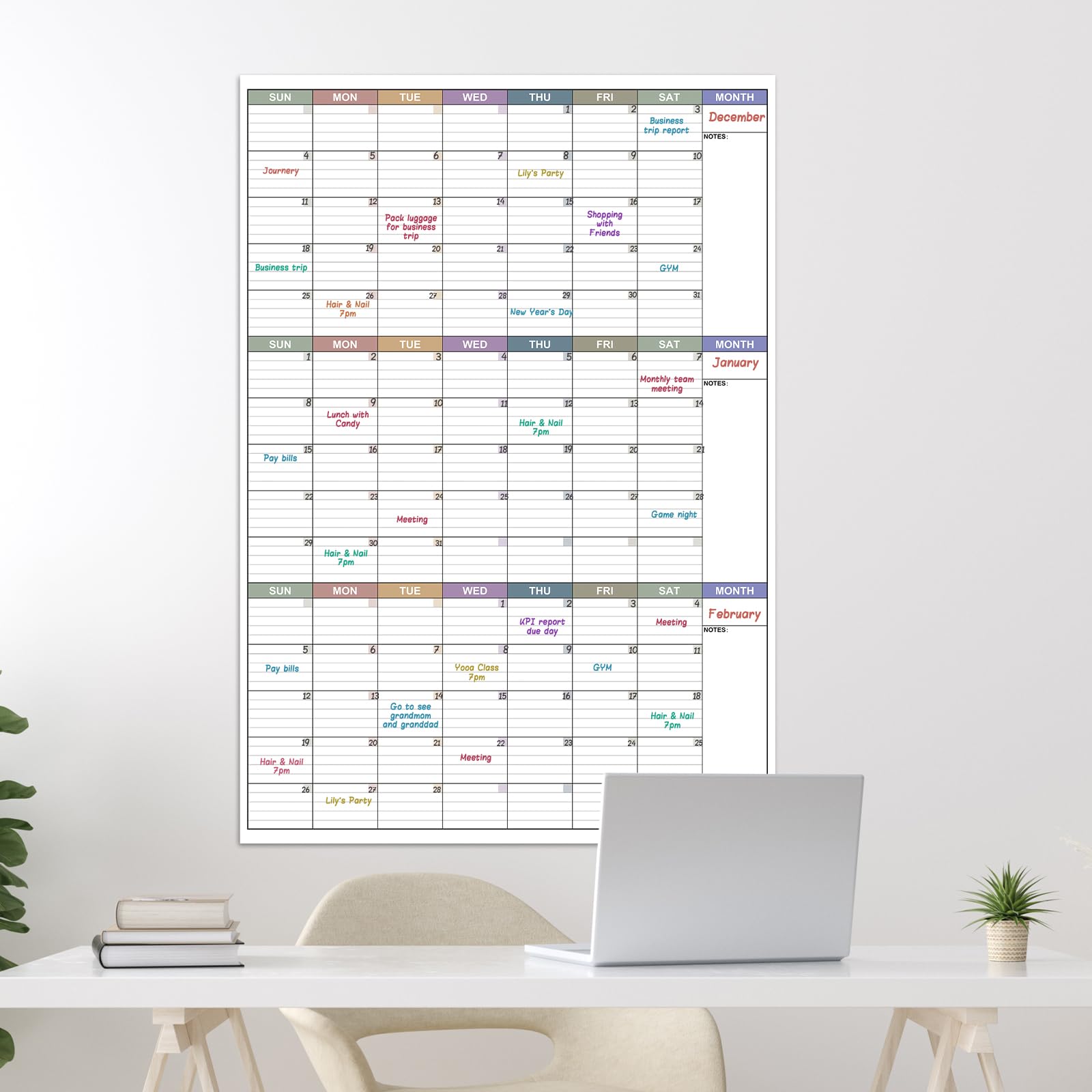 Large Dry Erase Calendar For Wall - Undated 3 Month Calendar, 28'' x 40'', Erasable & Reusable Laminated White Board, 8 Round Stickers, Vertical Calendar for Office, Home and School - FocusAid Essentials: Empowering ADHD Living