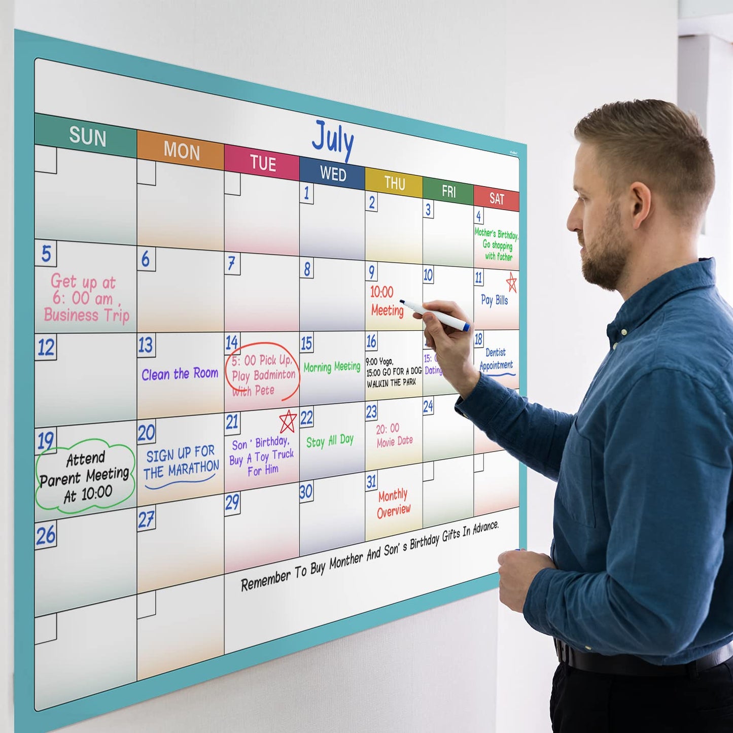 Large Dry Erase Calendar for Wall - Undated Wall Calendar, Large Calendar, 40" x 28", Erasable & Reusable Laminated Calendar with 8 Round Stickers - FocusAid Essentials: Empowering ADHD Living