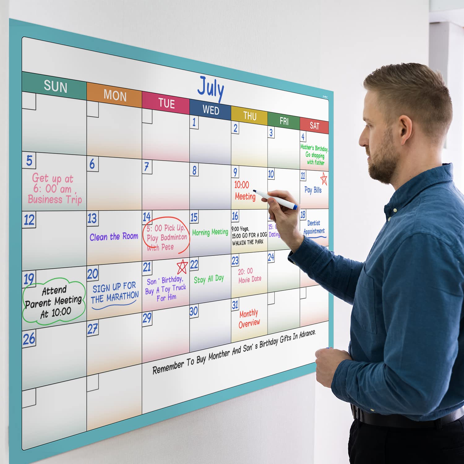 Large Dry Erase Calendar for Wall - Undated Wall Calendar, Large Calendar, 40" x 28", Erasable & Reusable Laminated Calendar with 8 Round Stickers - FocusAid Essentials: Empowering ADHD Living