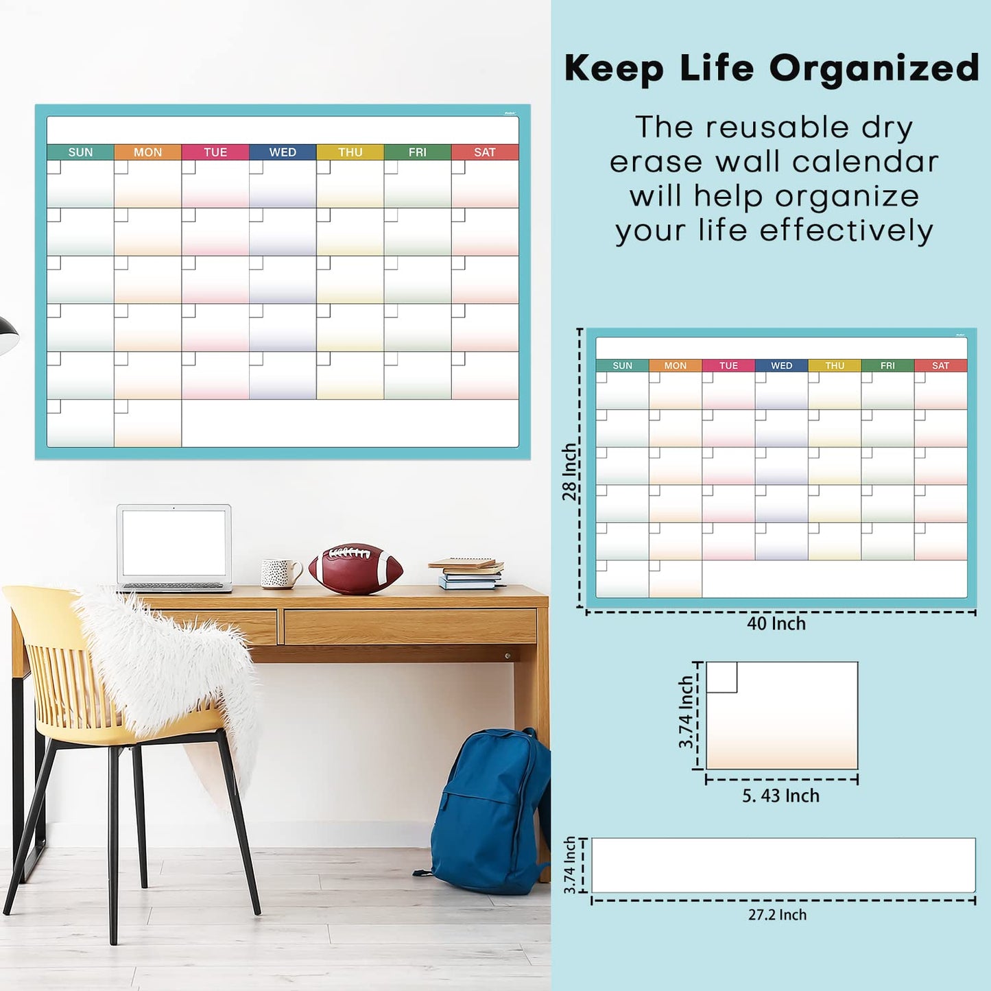 Large Dry Erase Calendar for Wall - Undated Wall Calendar, Large Calendar, 40" x 28", Erasable & Reusable Laminated Calendar with 8 Round Stickers - FocusAid Essentials: Empowering ADHD Living