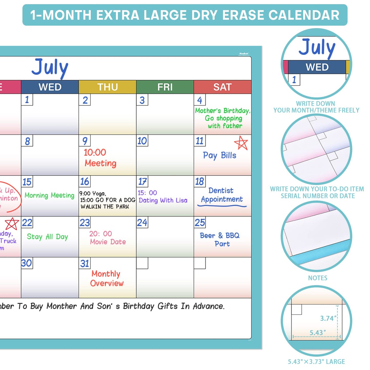 Large Dry Erase Calendar for Wall - Undated Wall Calendar, Large Calendar, 40" x 28", Erasable & Reusable Laminated Calendar with 8 Round Stickers - FocusAid Essentials: Empowering ADHD Living