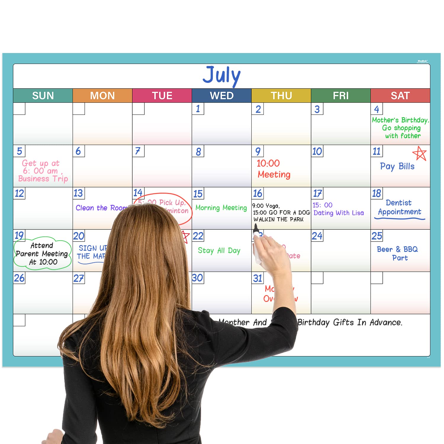 Large Dry Erase Calendar for Wall - Undated Wall Calendar, Large Calendar, 40" x 28", Erasable & Reusable Laminated Calendar with 8 Round Stickers - FocusAid Essentials: Empowering ADHD Living