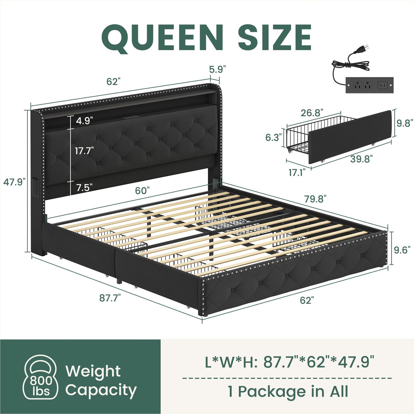 LARMACE Queen Size Bed Frame with LED Lights & USB Charging Station, Velvet Upholstered Platform Bed with Storage Headboard and 4 Drawers, No Box Spring Needed, Easy Assembly, Black - FocusAid Essentials: Empowering ADHD Living