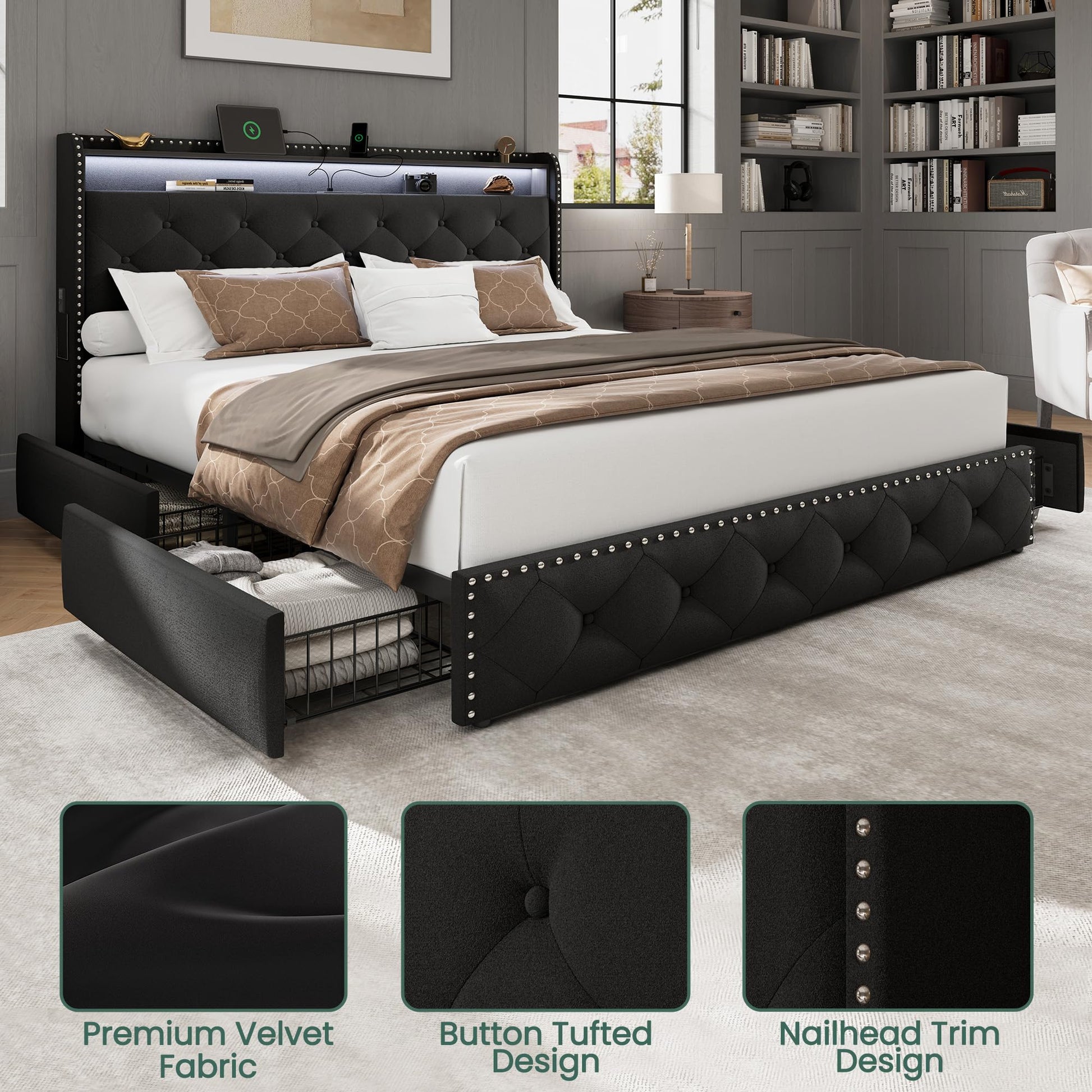 LARMACE Queen Size Bed Frame with LED Lights & USB Charging Station, Velvet Upholstered Platform Bed with Storage Headboard and 4 Drawers, No Box Spring Needed, Easy Assembly, Black - FocusAid Essentials: Empowering ADHD Living