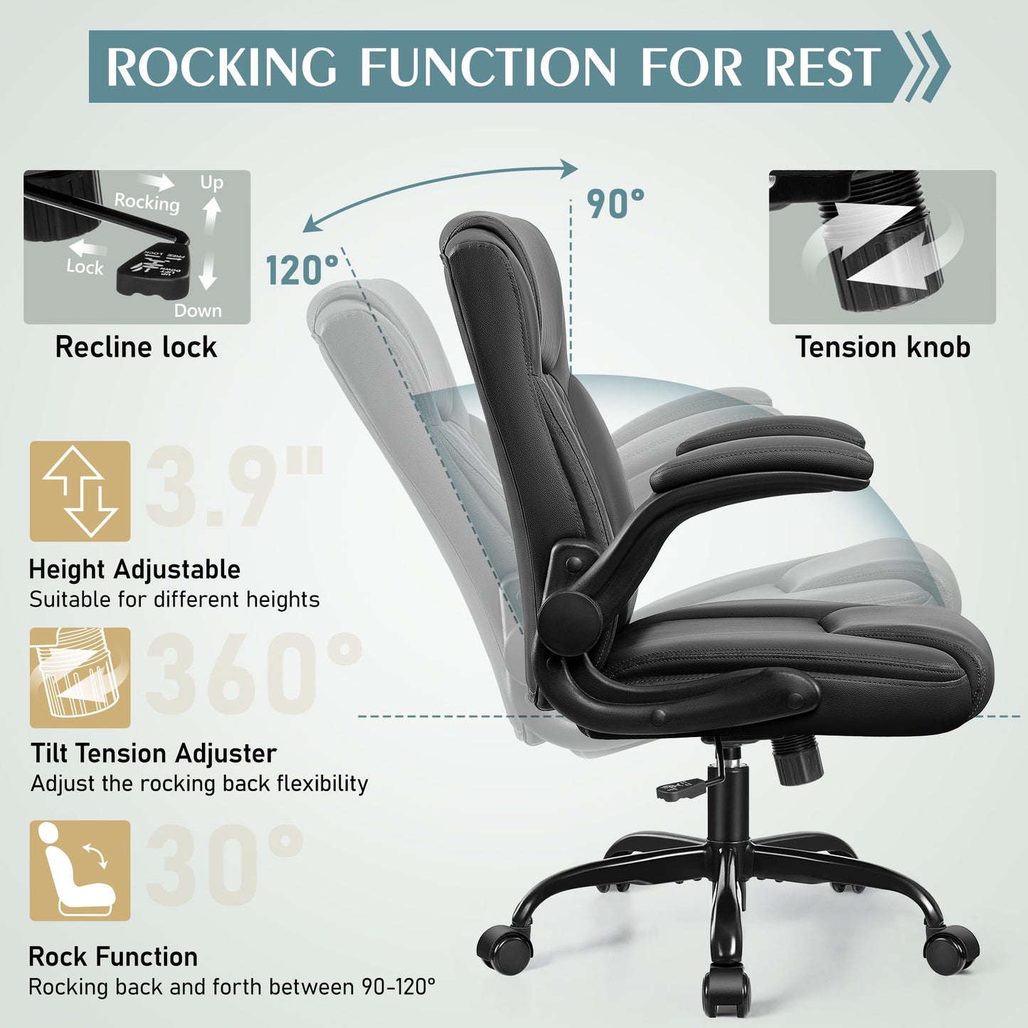 Leather Office Chair, PU Home Computer Desk Chairs with Ergonomic Back Support, 360°Swivel Free，Small Gmaing Chair with Wheels and Adjustable Armrests, for Short People Use, Black - FocusAid Essentials: Empowering ADHD Living