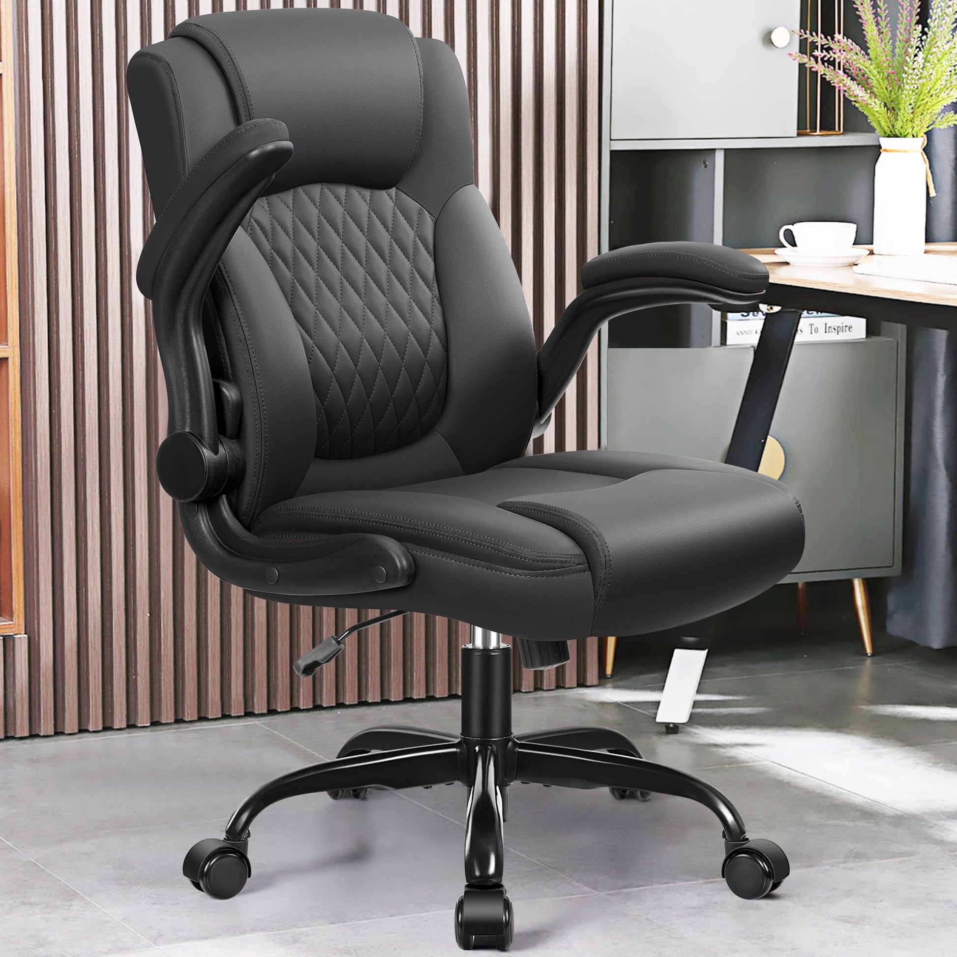 Leather Office Chair, PU Home Computer Desk Chairs with Ergonomic Back Support, 360°Swivel Free，Small Gmaing Chair with Wheels and Adjustable Armrests, for Short People Use, Black - FocusAid Essentials: Empowering ADHD Living