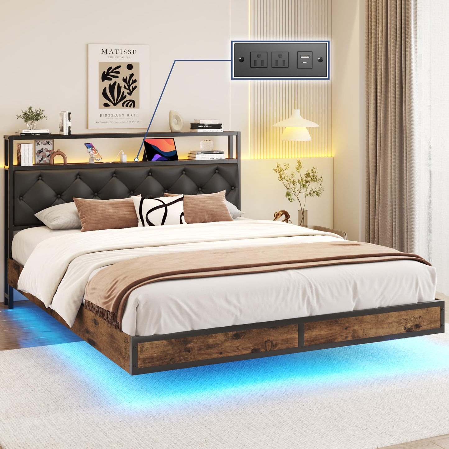 Lifezone Floating Queen Bed Frame with LED Lights, 2 - Tier Storage Headboard, Metal Queen Bed Frame with Built - in Charging Ports, Noise - Free, Easy Assembly, Black Diamond - FocusAid Essentials: Empowering ADHD Living