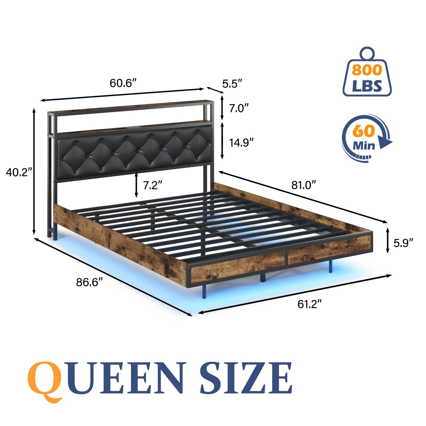 Lifezone Floating Queen Bed Frame with LED Lights, 2 - Tier Storage Headboard, Metal Queen Bed Frame with Built - in Charging Ports, Noise - Free, Easy Assembly, Black Diamond - FocusAid Essentials: Empowering ADHD Living