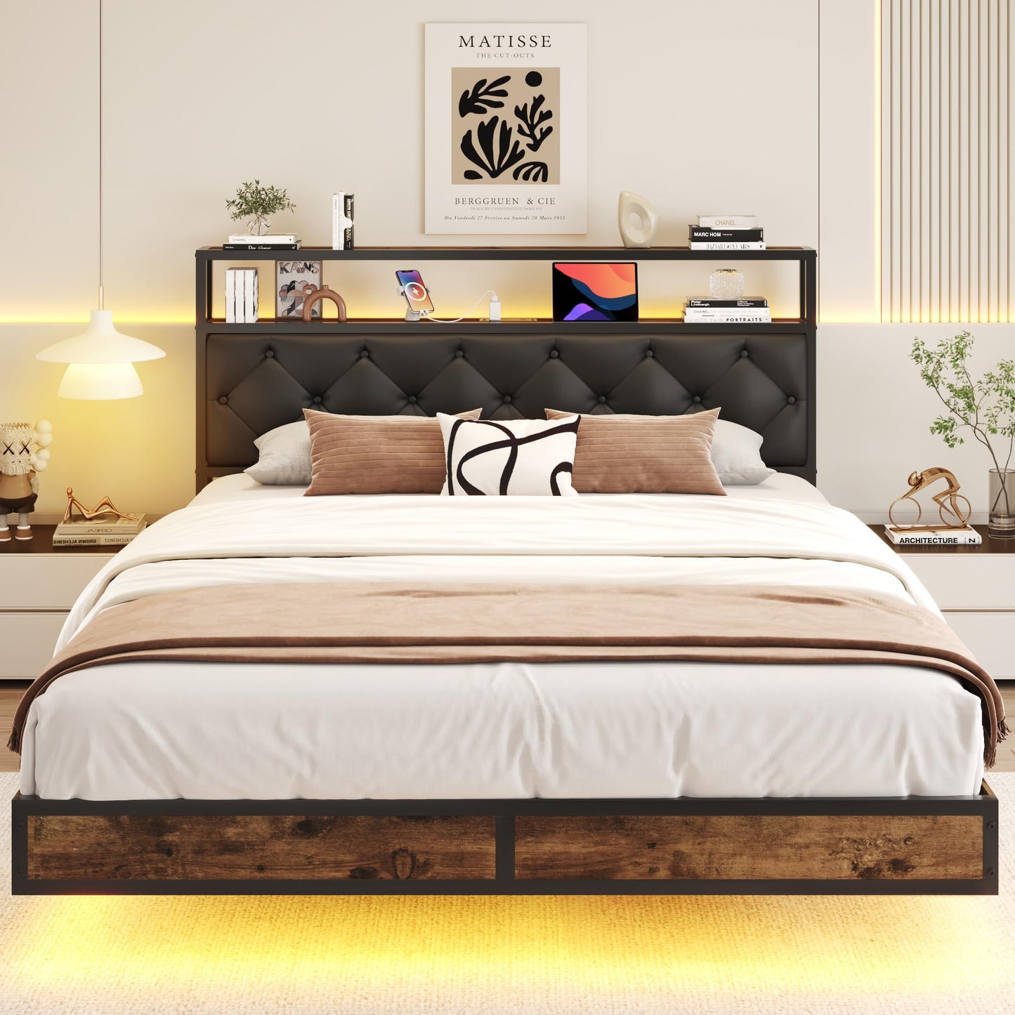 Lifezone Floating Queen Bed Frame with LED Lights, 2 - Tier Storage Headboard, Metal Queen Bed Frame with Built - in Charging Ports, Noise - Free, Easy Assembly, Black Diamond - FocusAid Essentials: Empowering ADHD Living