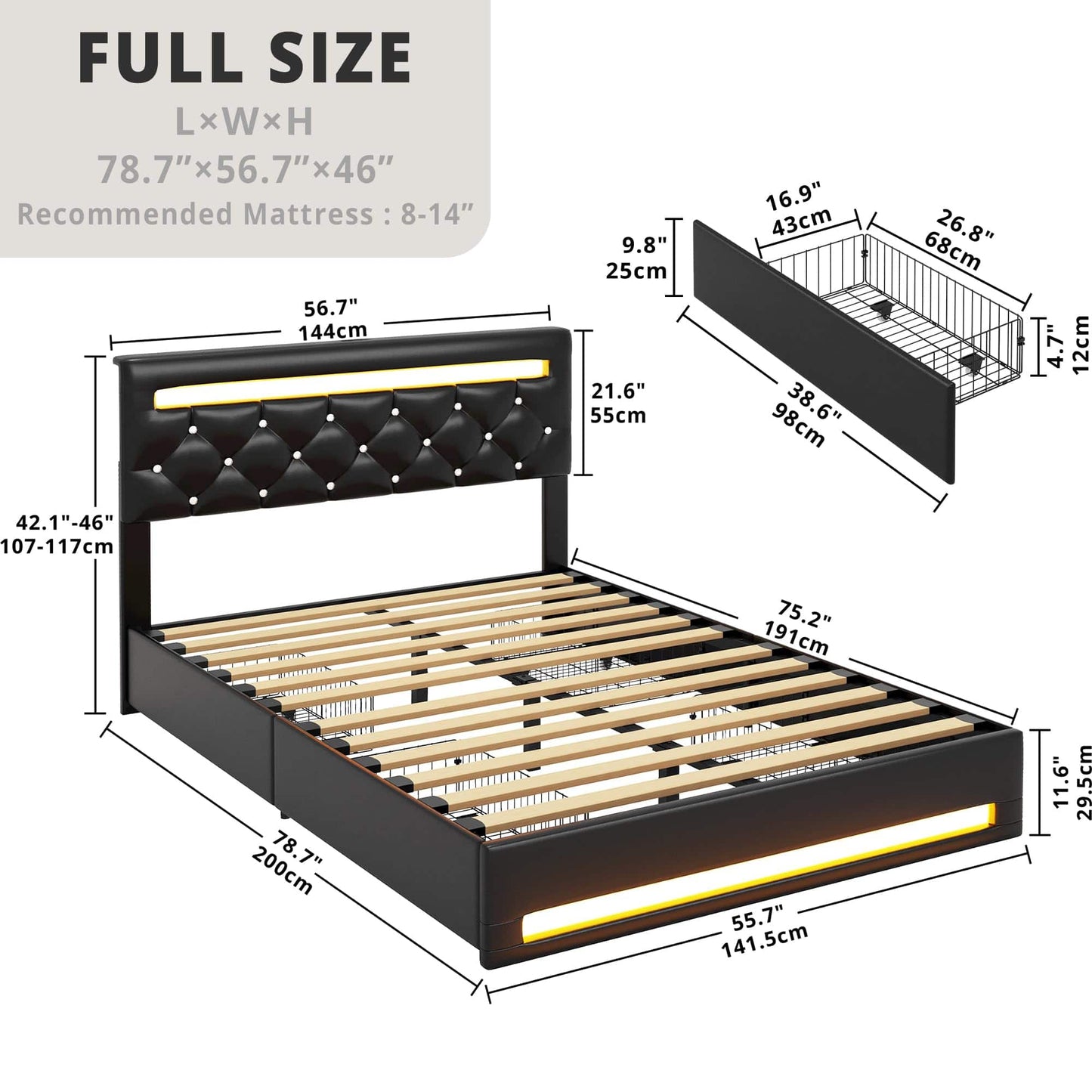 LIKIMIO Full Size Bed Frame with LED Light, PU Leather Platform Bed Frame with 4 Drawers, Adjustable Crystal Button Tufted Headboard, No Box Spring Needed, Black - FocusAid Essentials: Empowering ADHD Living