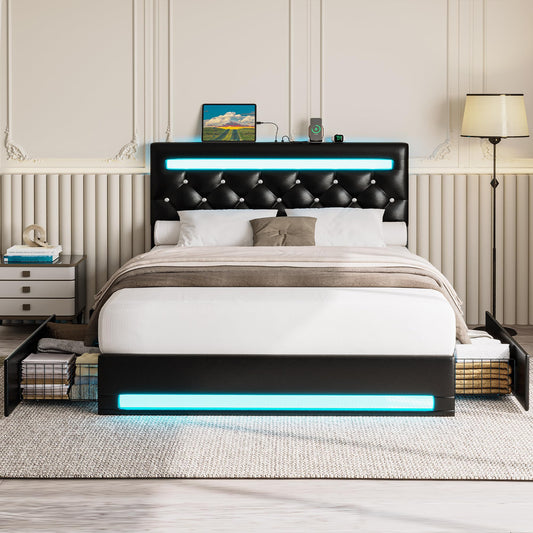 LIKIMIO Full Size Bed Frame with LED Light, PU Leather Platform Bed Frame with 4 Drawers, Adjustable Crystal Button Tufted Headboard, No Box Spring Needed, Black - FocusAid Essentials: Empowering ADHD Living