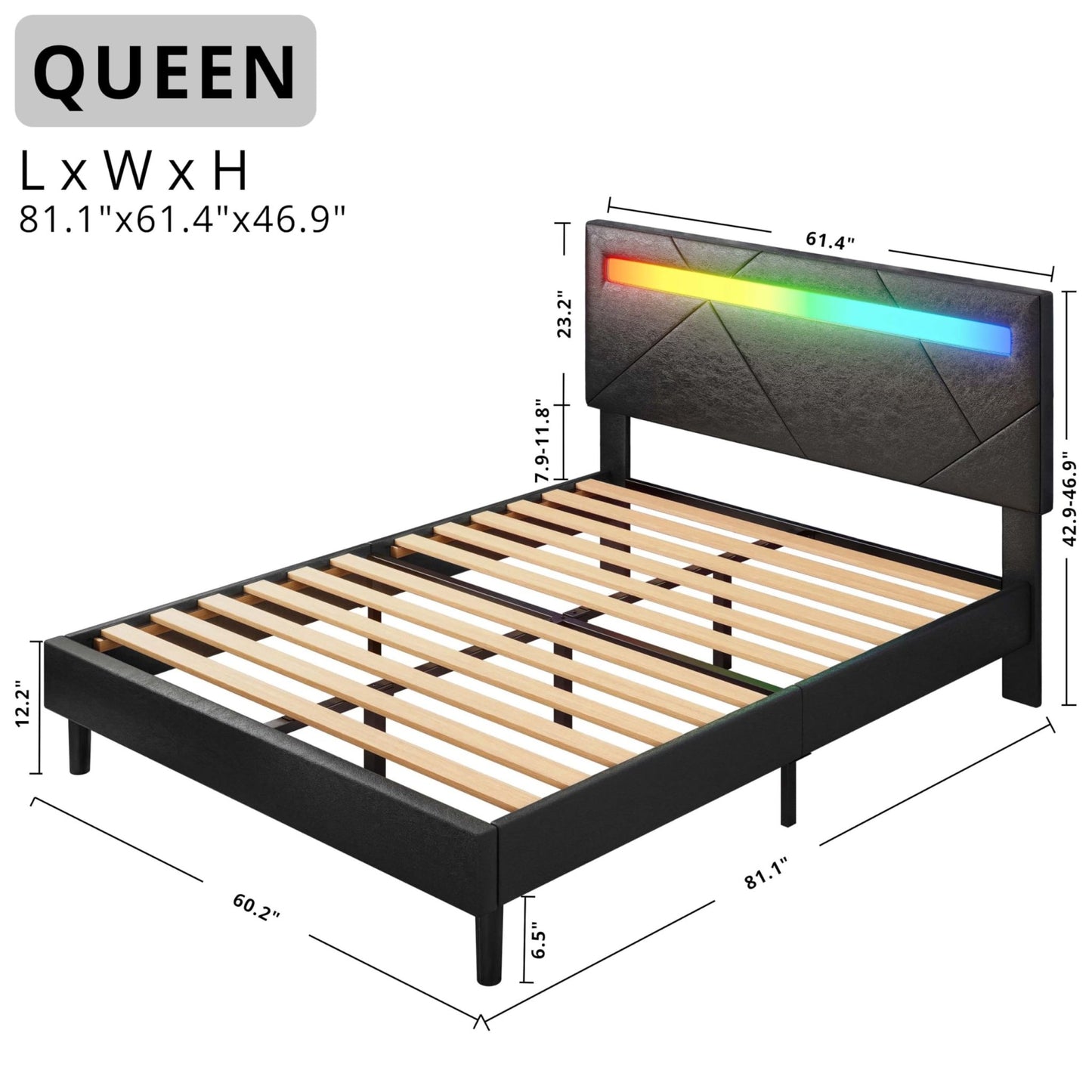 LIKIMIO Queen Bed Frame with LED Lights(Smart APP Control), Upholstered Modern Platform Bed Frame, No Box Spring Needed/Noise - Free/Easy Assembly, Black - FocusAid Essentials: Empowering ADHD Living