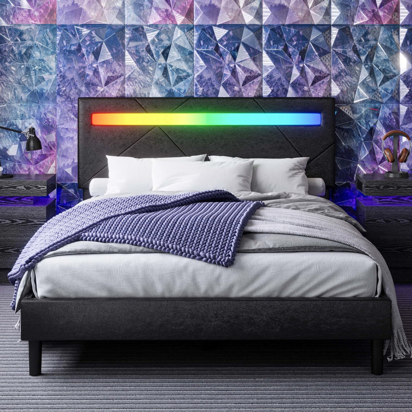 LIKIMIO Queen Bed Frame with LED Lights(Smart APP Control), Upholstered Modern Platform Bed Frame, No Box Spring Needed/Noise - Free/Easy Assembly, Black - FocusAid Essentials: Empowering ADHD Living