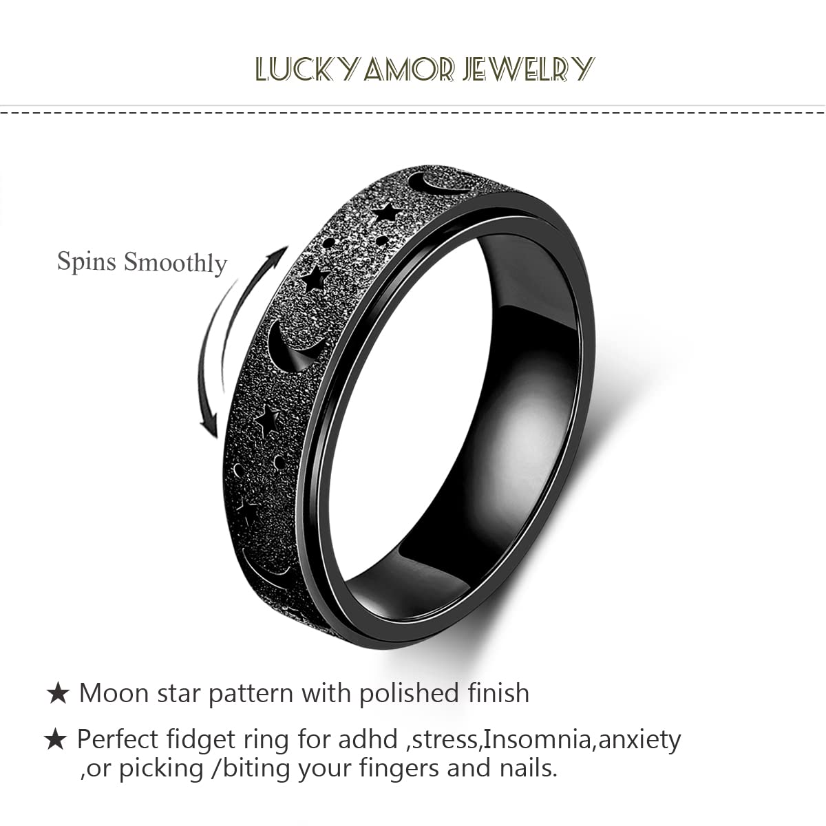 LuckyAmor Anxiety Ring for Women Spinner Rings:Rotating Rings Stainless Steel 6mm Moon Star Anxiety for Men Band Jewelry Gift for Women Size 6 7 8 9 10 - FocusAid Essentials: Empowering ADHD Living