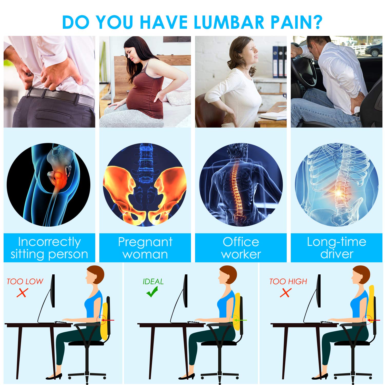 Lumbar Support Pillow for Office Chair Car Back Support Pillow, Memory Foam Gaming Chair Desk Chair Back Cushion for Lower Back Pain Relief, Ergonomic Back Rest with Double Adjustable Straps - FocusAid Essentials: Empowering ADHD Living