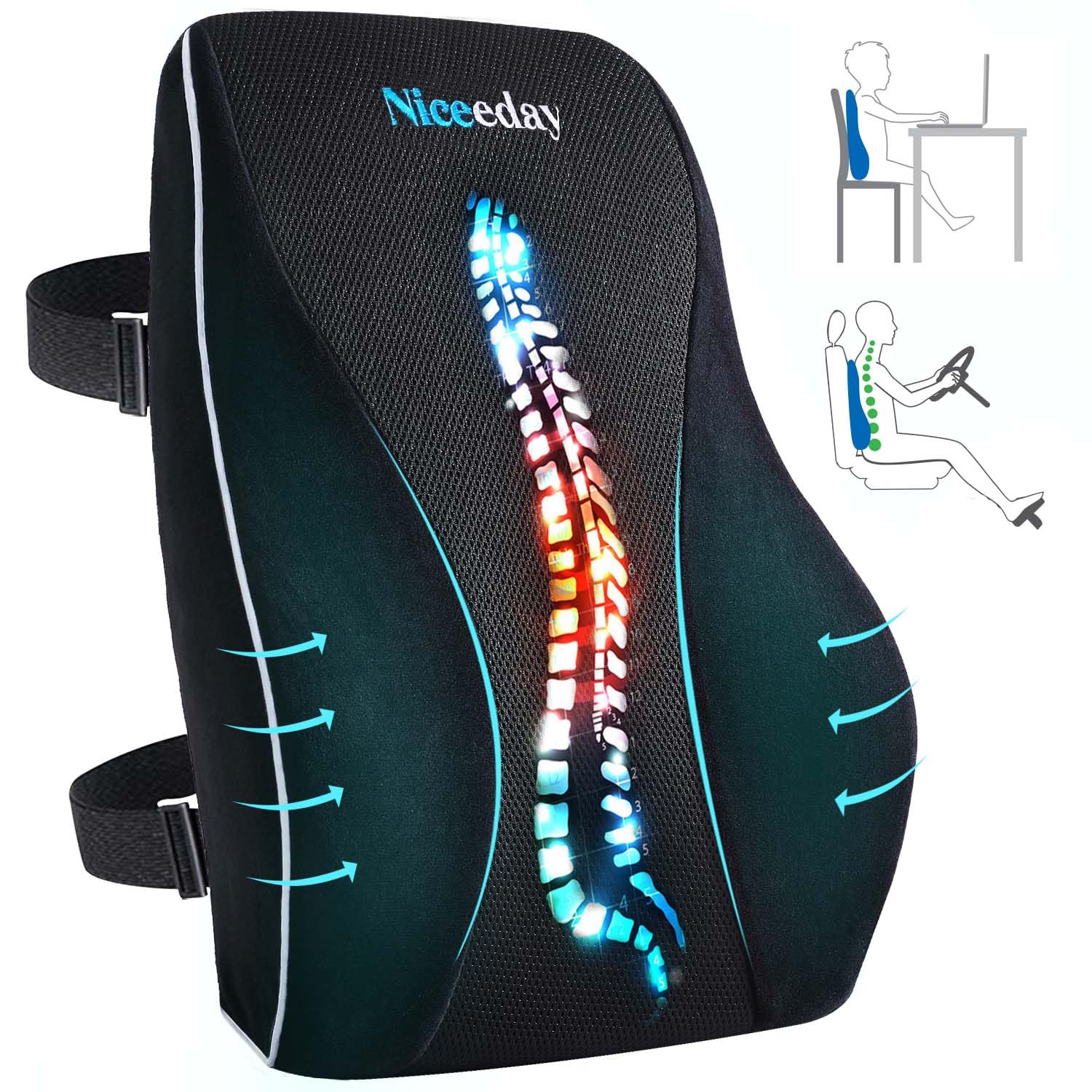 Lumbar Support Pillow for Office Chair Car Back Support Pillow, Memory Foam Gaming Chair Desk Chair Back Cushion for Lower Back Pain Relief, Ergonomic Back Rest with Double Adjustable Straps - FocusAid Essentials: Empowering ADHD Living