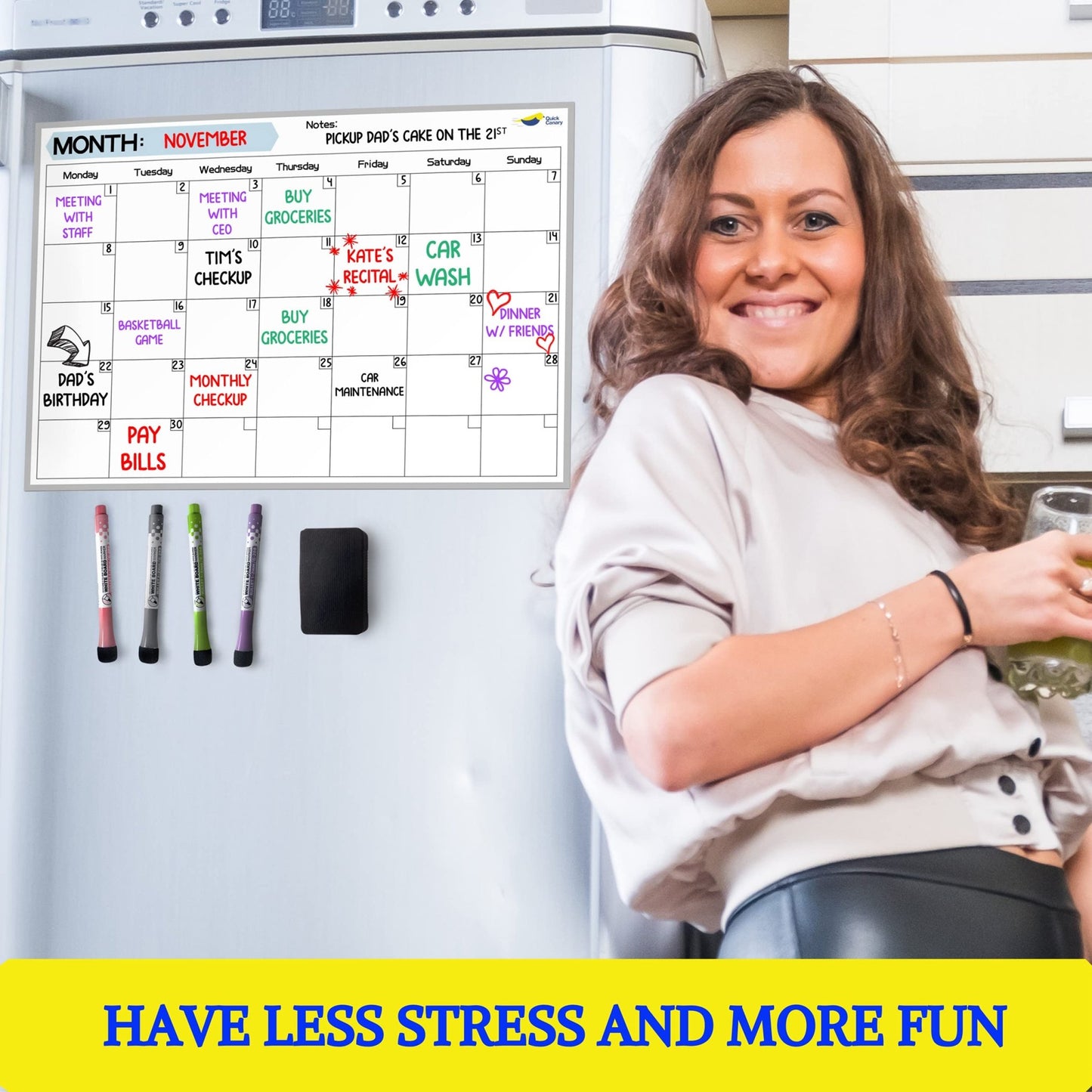 Magnetic Dry Erase Calendar for Refrigerator Starting from Monday - 17x12” Monthly Calendar Whiteboard for Fridge - No Stains or Ghosts - White Board Planner - 4 Dry Erase Markers and Large Eraser - FocusAid Essentials: Empowering ADHD Living