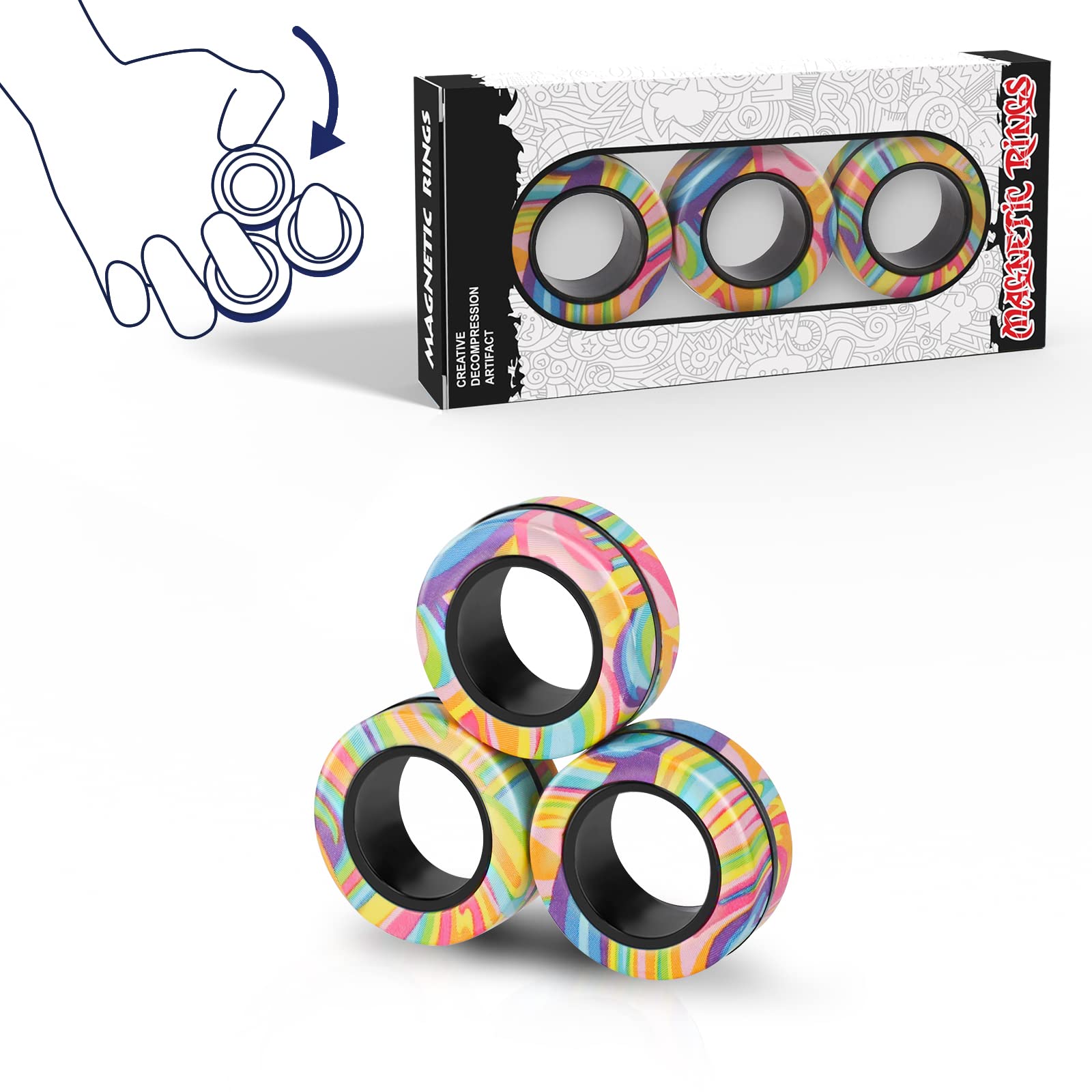 Magnetic Rings Fidget Toy Set, Idea ADHD Fidget Toys, Adult Fidget Magnets Spinner Rings for Anxiety Relief Therapy, Fidget Pack Great Gift for Adults Teens Kids (A) - FocusAid Essentials: Empowering ADHD Living