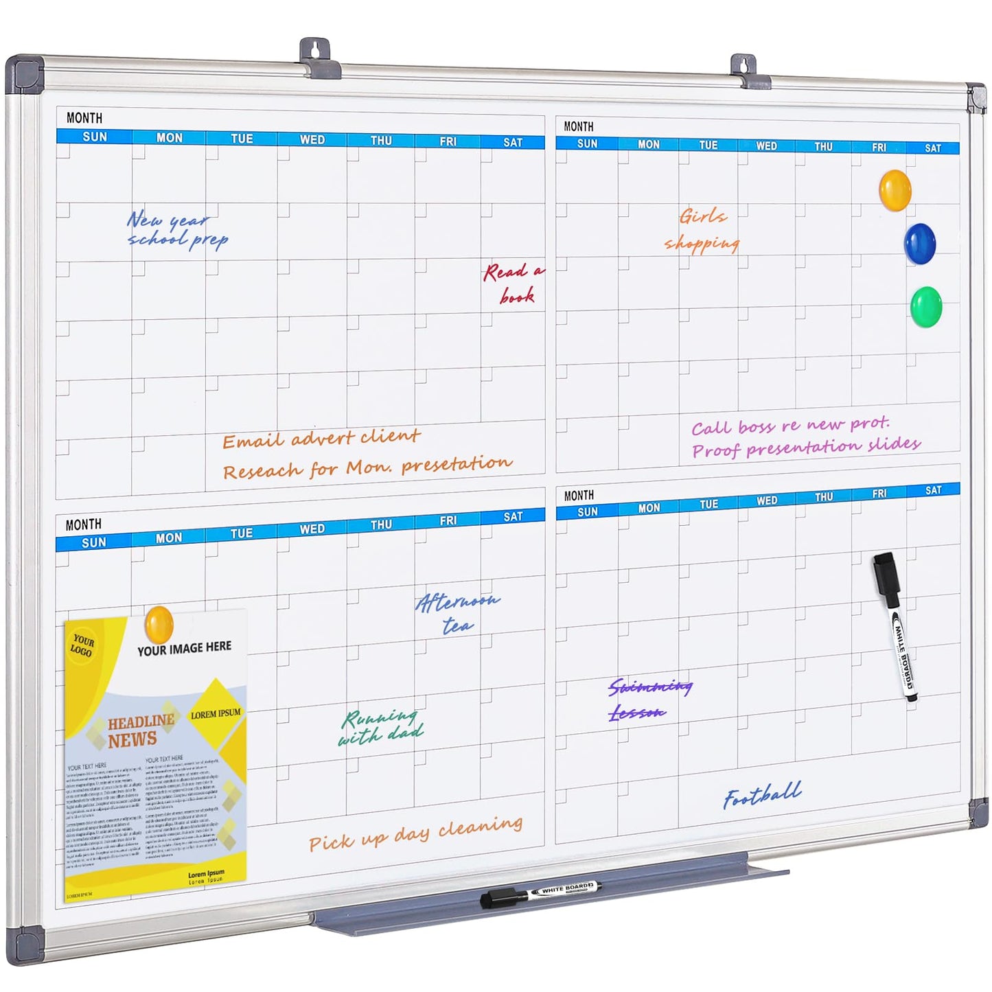 MAKELLO Large Magnetic Dry Erase Calendar Whiteboard Quarterly for Home, Bedroom, Office, Classroom, 4 Months, 36x24 in - FocusAid Essentials: Empowering ADHD Living