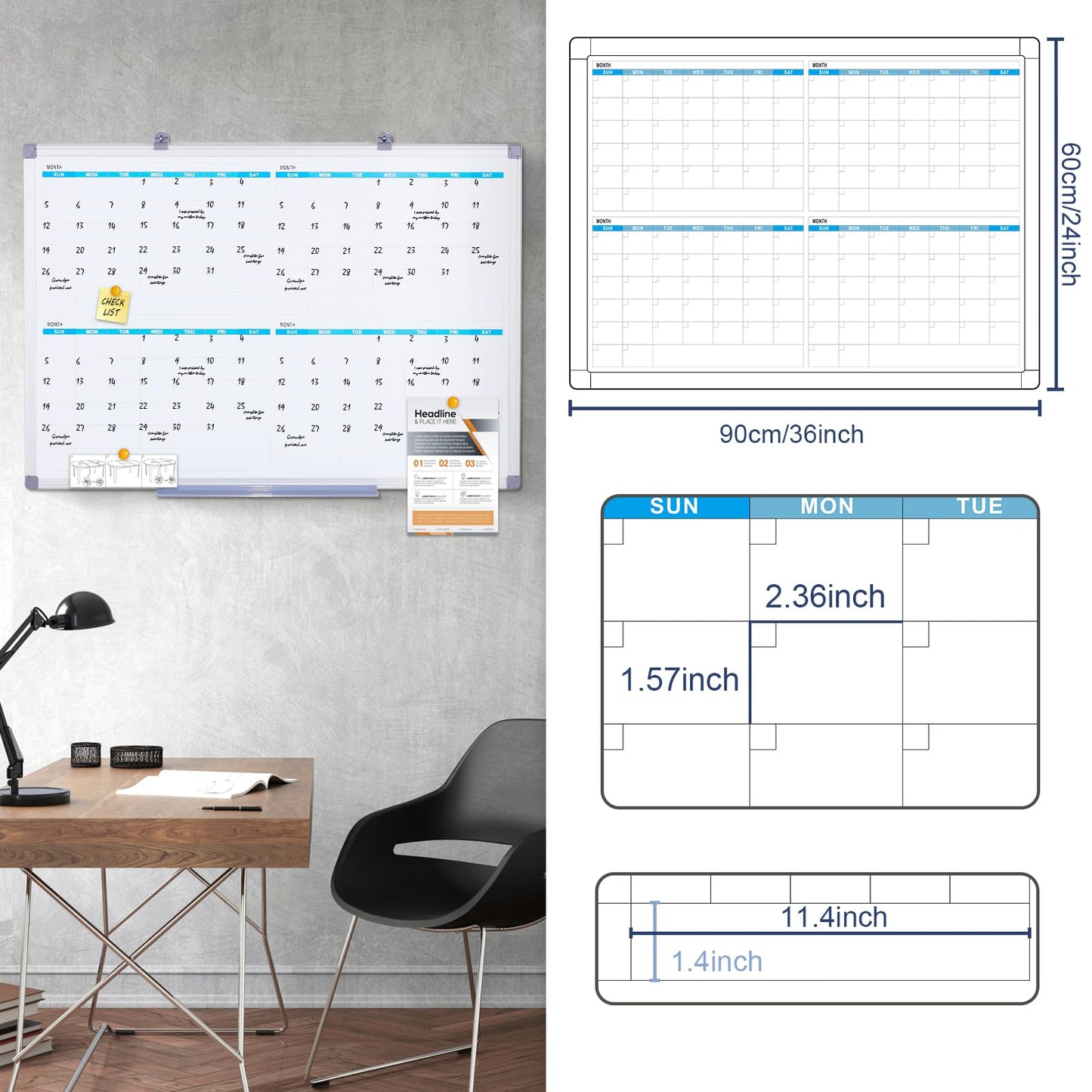 MAKELLO Large Magnetic Dry Erase Calendar Whiteboard Quarterly for Home, Bedroom, Office, Classroom, 4 Months, 36x24 in - FocusAid Essentials: Empowering ADHD Living