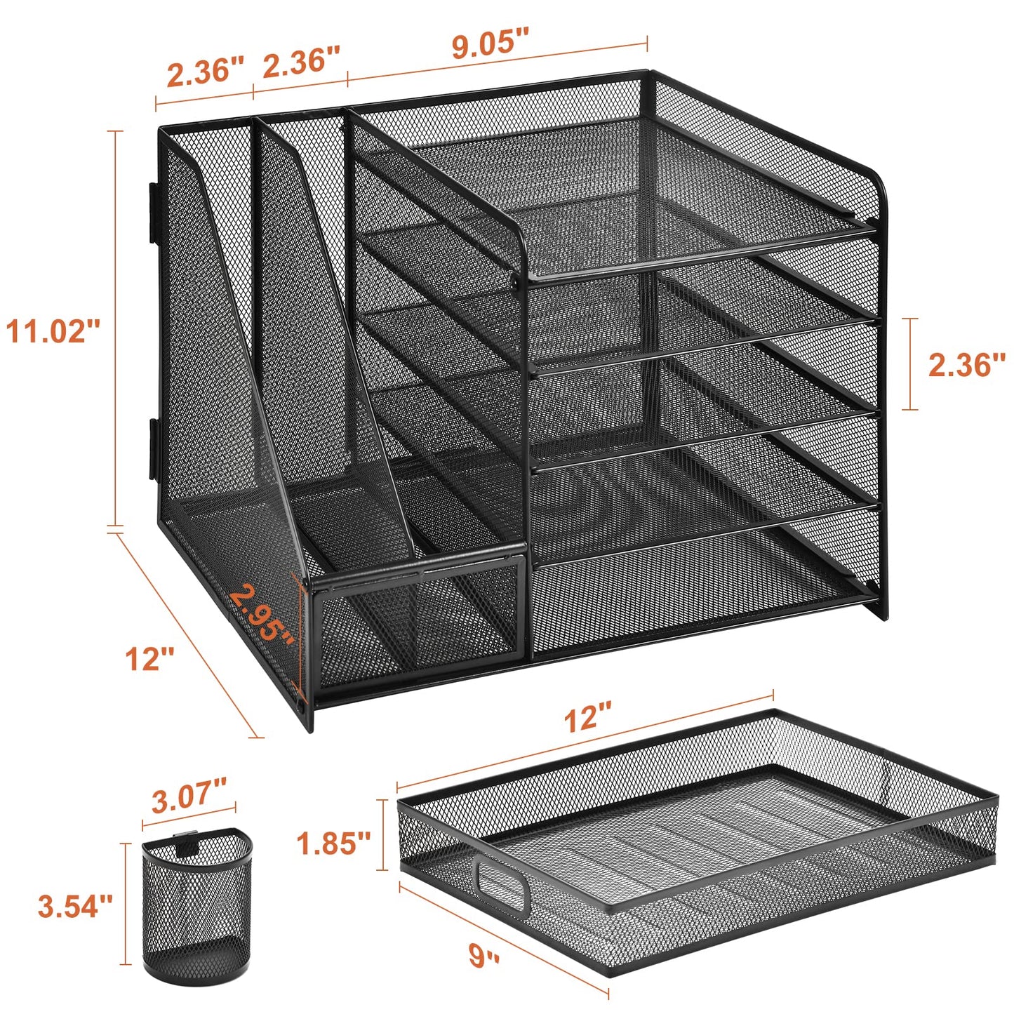 Marbrasse Desk Organizer with File Holder, 5 - Tier Paper Letter Tray Organizer with Drawer and 2 Pen Holder, Mesh Desktop Organizer and Storage with Magazine Holder for Office Supplies(Black) - FocusAid Essentials: Empowering ADHD Living