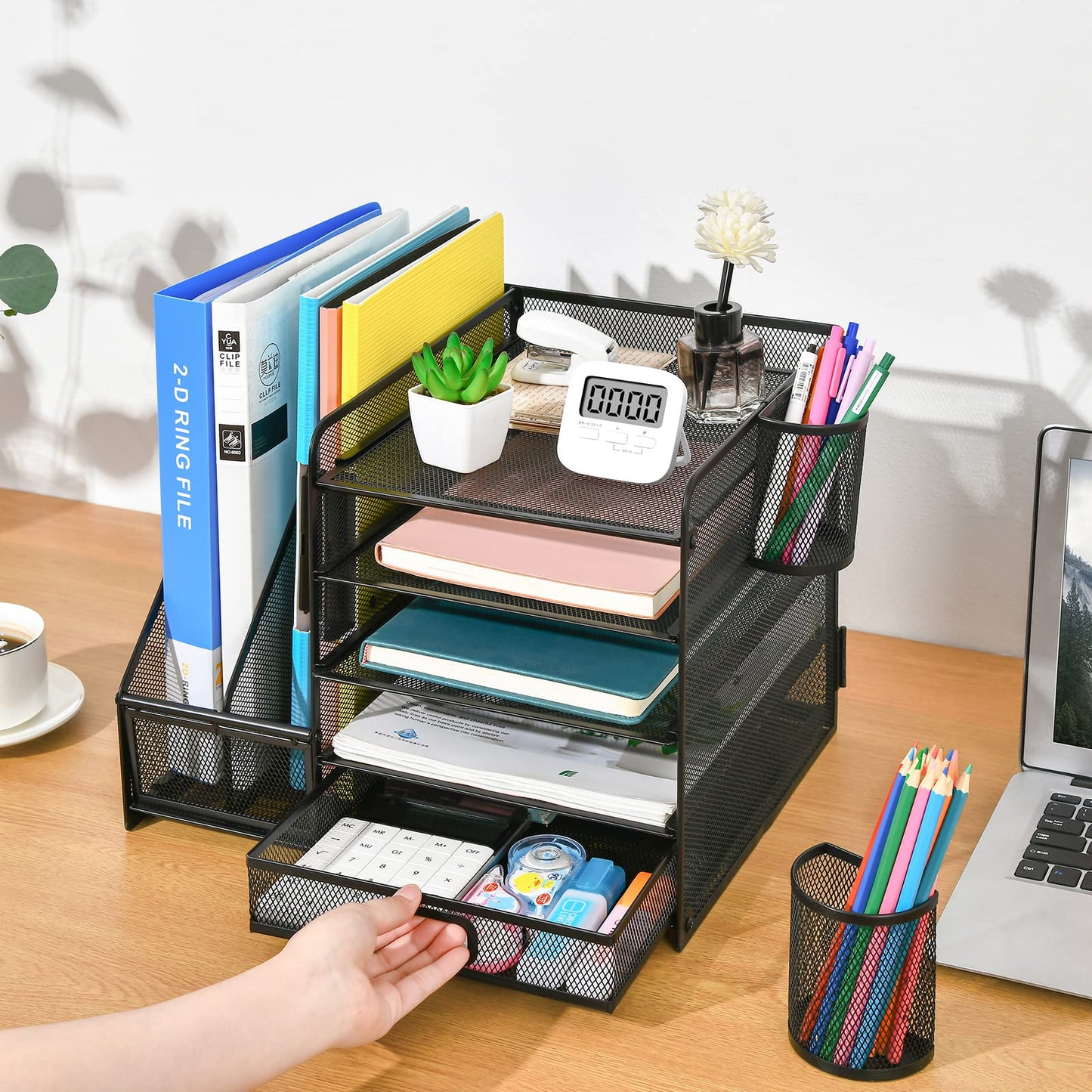 Marbrasse Desk Organizer with File Holder, 5 - Tier Paper Letter Tray Organizer with Drawer and 2 Pen Holder, Mesh Desktop Organizer and Storage with Magazine Holder for Office Supplies(Black) - FocusAid Essentials: Empowering ADHD Living