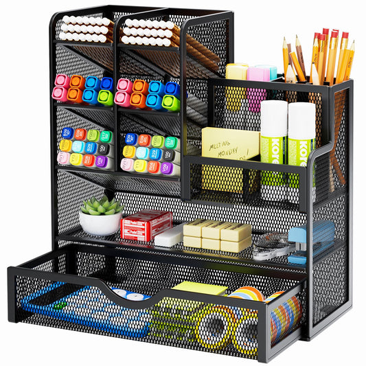 Marbrasse Mesh Pen Holder for Desk, Desk Organizer with Drawer, Multi - Functional Pencil Organizer, Desk Organizers and Accessories for Office Art Supplies (Black) - FocusAid Essentials: Empowering ADHD Living