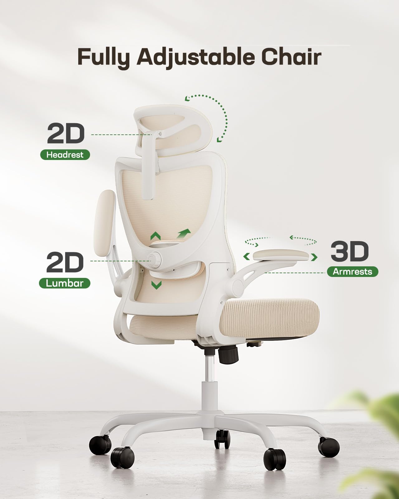 Marsail Ergonomic Office Chair: Office Computer Desk Chair with High Back Mesh and Adjustable Lumbar Support Rolling Work Swivel Task Chairs with Wheel 3D Armrests and Headrest (White) - FocusAid Essentials: Empowering ADHD Living