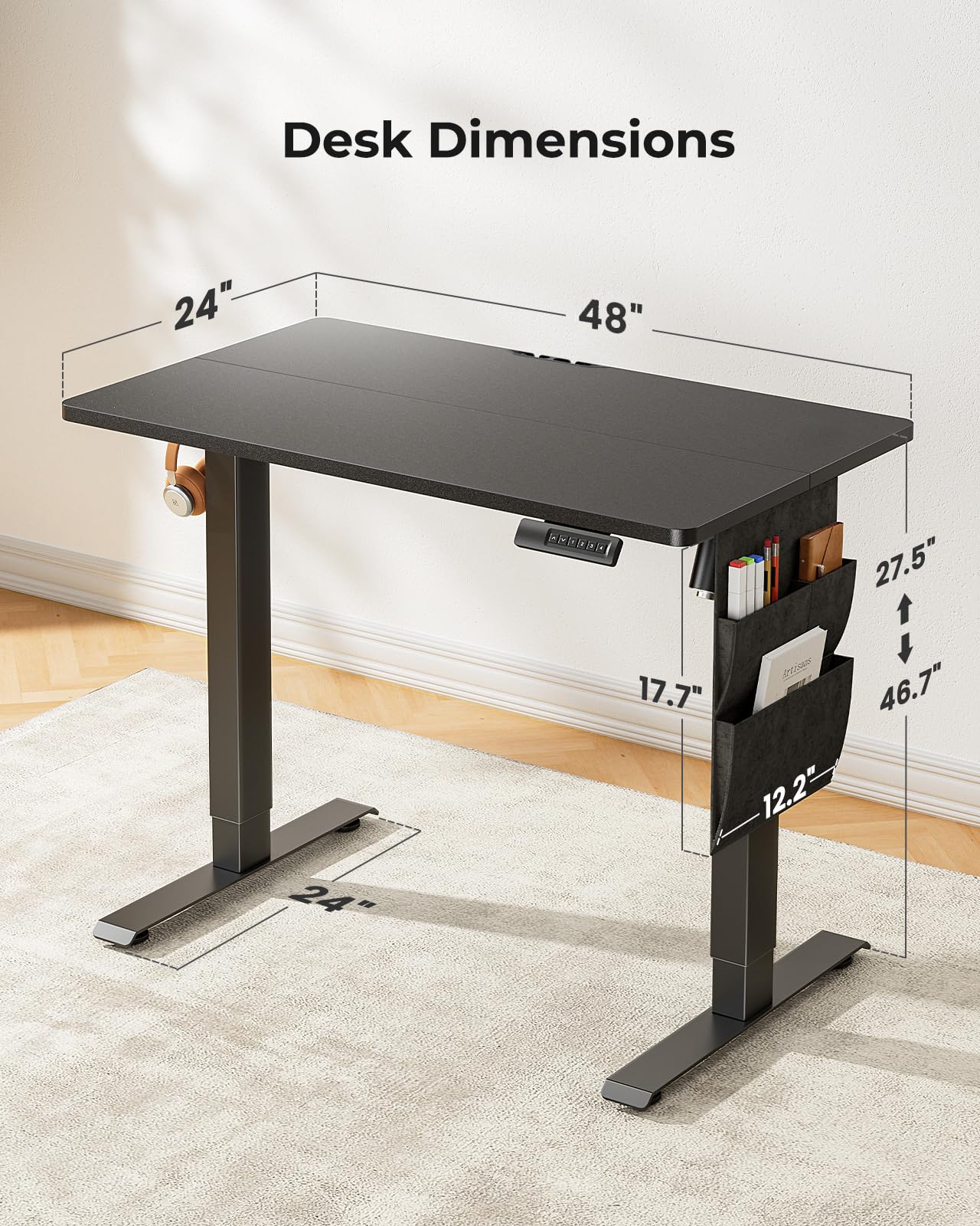 Marsail Standing Desk Adjustable Height Home Office Desk,‎48x24 Inch Electric Standing Desk, Stand up Desk with Storage Bag,Headphone Hook for Computer Workstations Desk Memory Preset - FocusAid Essentials: Empowering ADHD Living