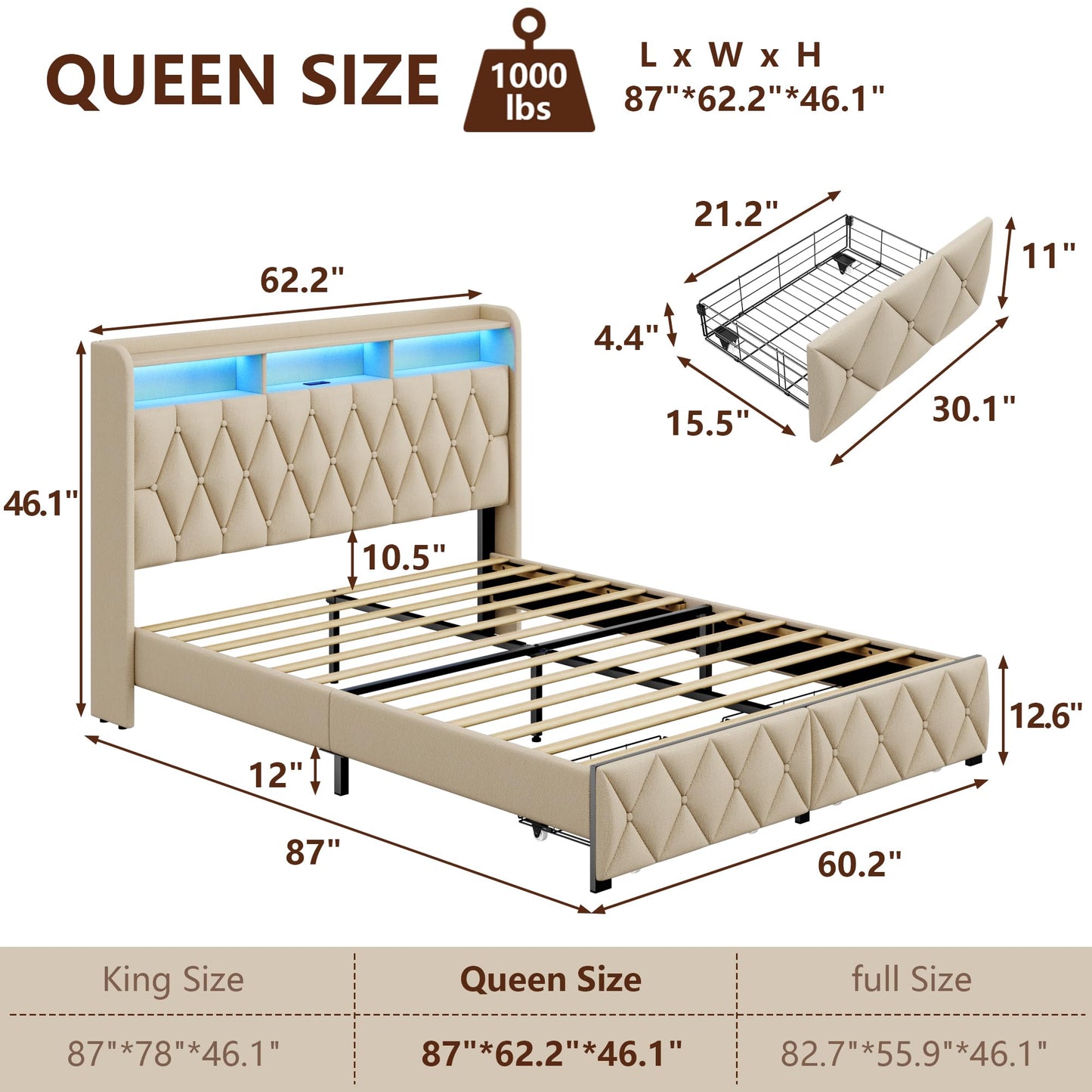 MEIJUJIA Queen Bed Frame with 2 Storage Drawers, Upholstered Bed Frame Queen Size with LED Lights Headboard and Charging Station, No Box Spring Needed, Easy Assembly - Beige - FocusAid Essentials: Empowering ADHD Living