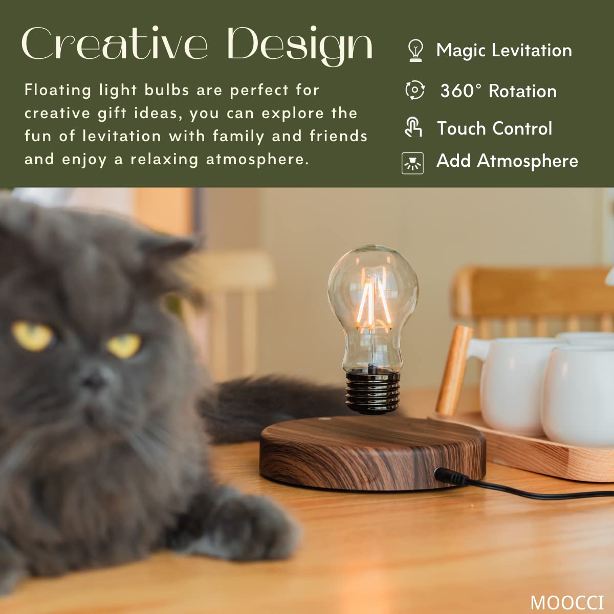 MOOCCI Levitating Bulb Lamp Magnetic Floating Lamp Light Desk Lamp Night Light Table LED for Unique Gifts, Room Decor, Night Light, Home Office Decor Desk Tech Toys (Round - Classic Bulb) - FocusAid Essentials: Empowering ADHD Living