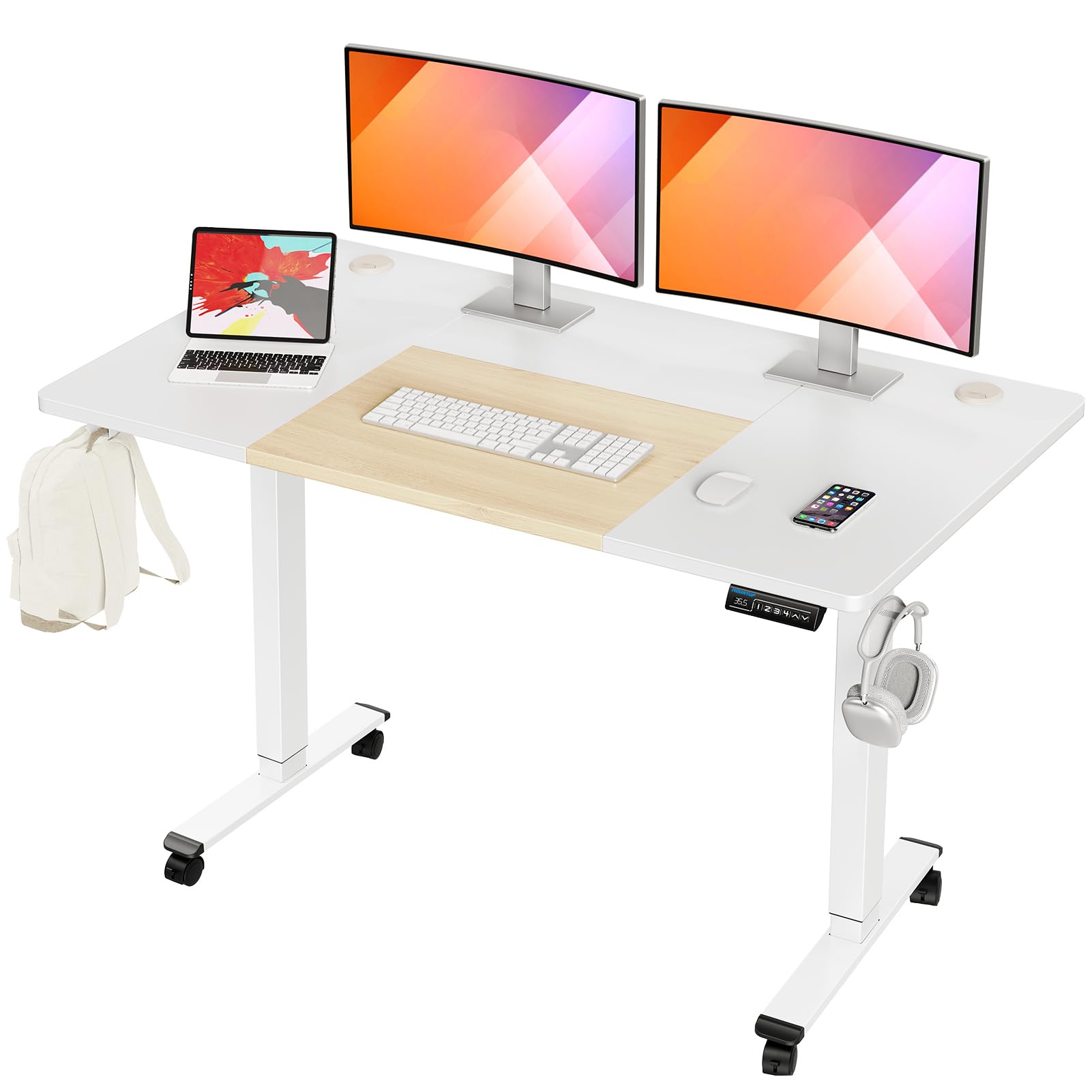 MOUNTUP 55x28 Inches Electric Height Adjustable Standing Desk, Sit Stand Desk with Memory Controller, Ergonomic Stand Up Desk for Home Office with Splice Board, White+Oak - FocusAid Essentials: Empowering ADHD Living