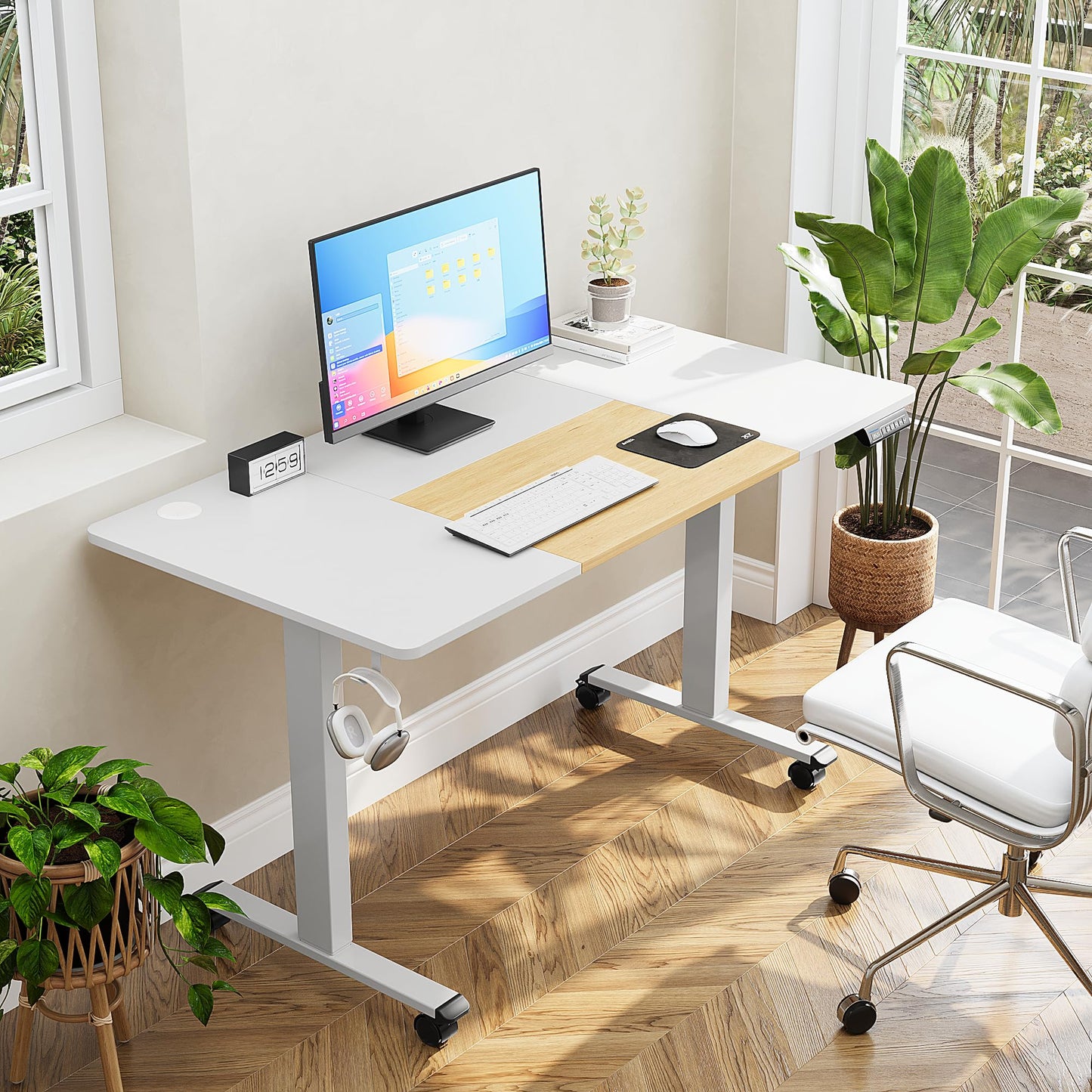 MOUNTUP 55x28 Inches Electric Height Adjustable Standing Desk, Sit Stand Desk with Memory Controller, Ergonomic Stand Up Desk for Home Office with Splice Board, White+Oak - FocusAid Essentials: Empowering ADHD Living