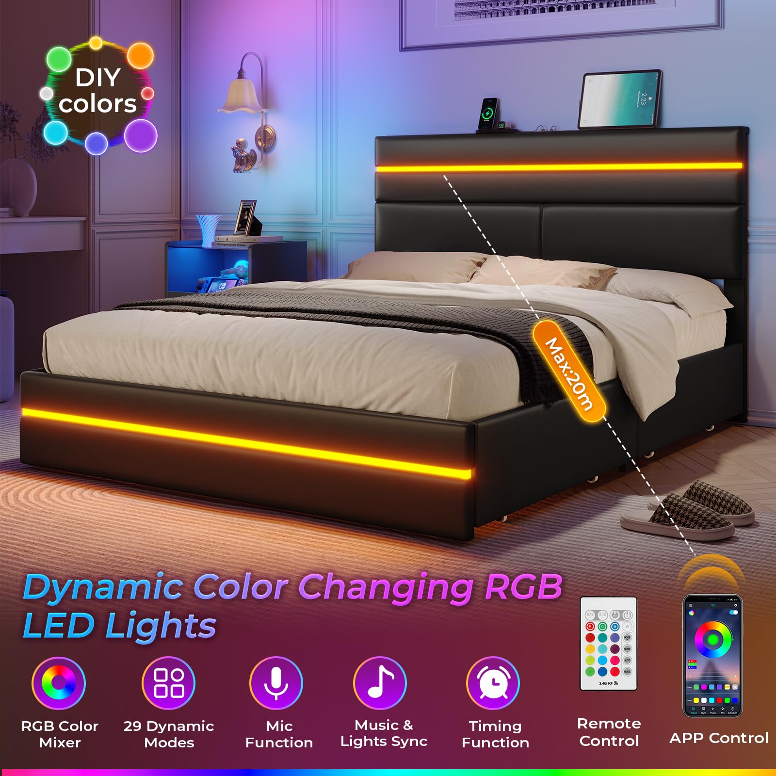 MSmask Queen Bed Frame with LED Lights and 4 Drawers, Upholstered Platform Bed Frame Queen Size with Lighted Storage Headboard & Footboard, Modern Black Futuristic Led Bed Frame, No Box Spring Needed - FocusAid Essentials: Empowering ADHD Living