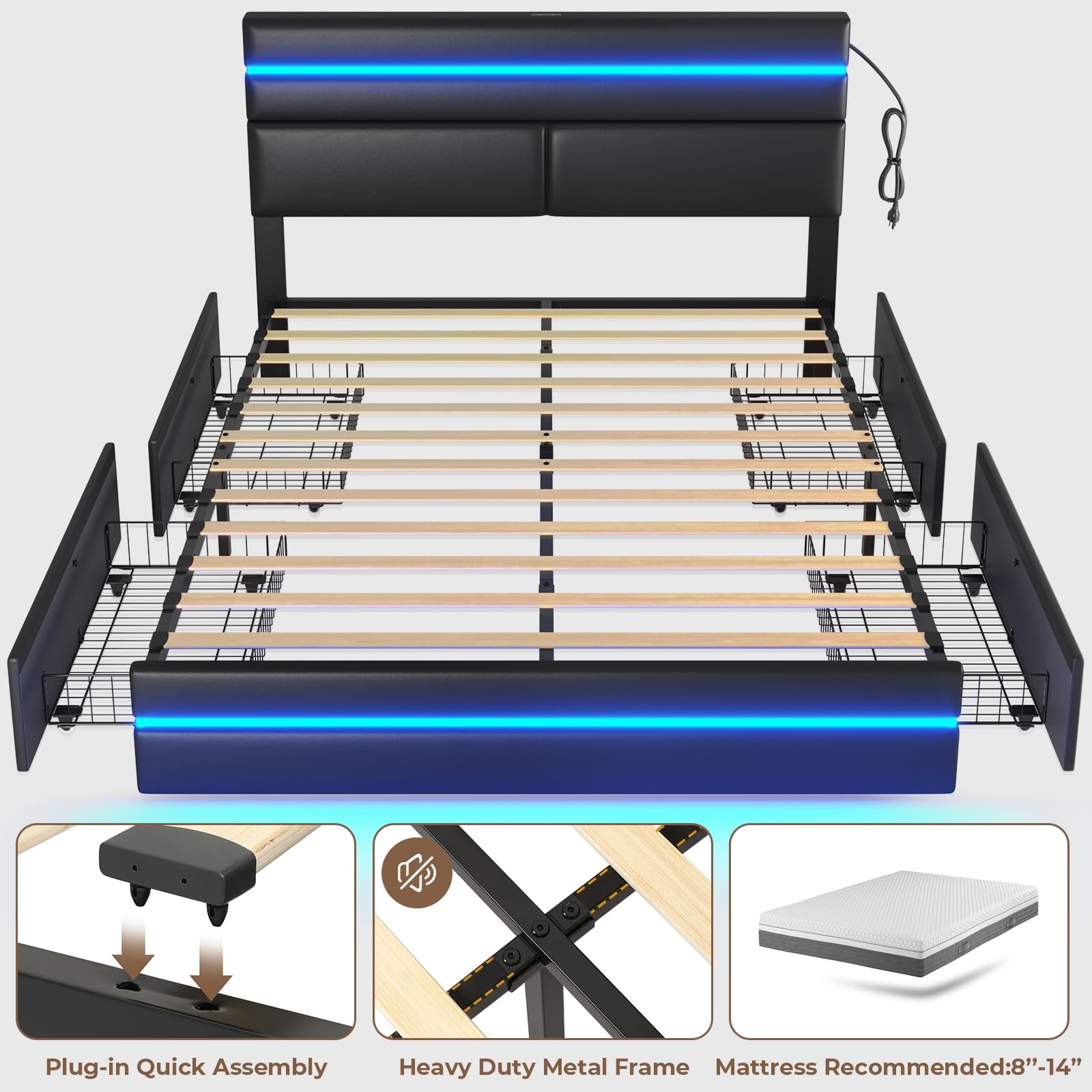 MSmask Queen Bed Frame with LED Lights and 4 Drawers, Upholstered Platform Bed Frame Queen Size with Lighted Storage Headboard & Footboard, Modern Black Futuristic Led Bed Frame, No Box Spring Needed - FocusAid Essentials: Empowering ADHD Living