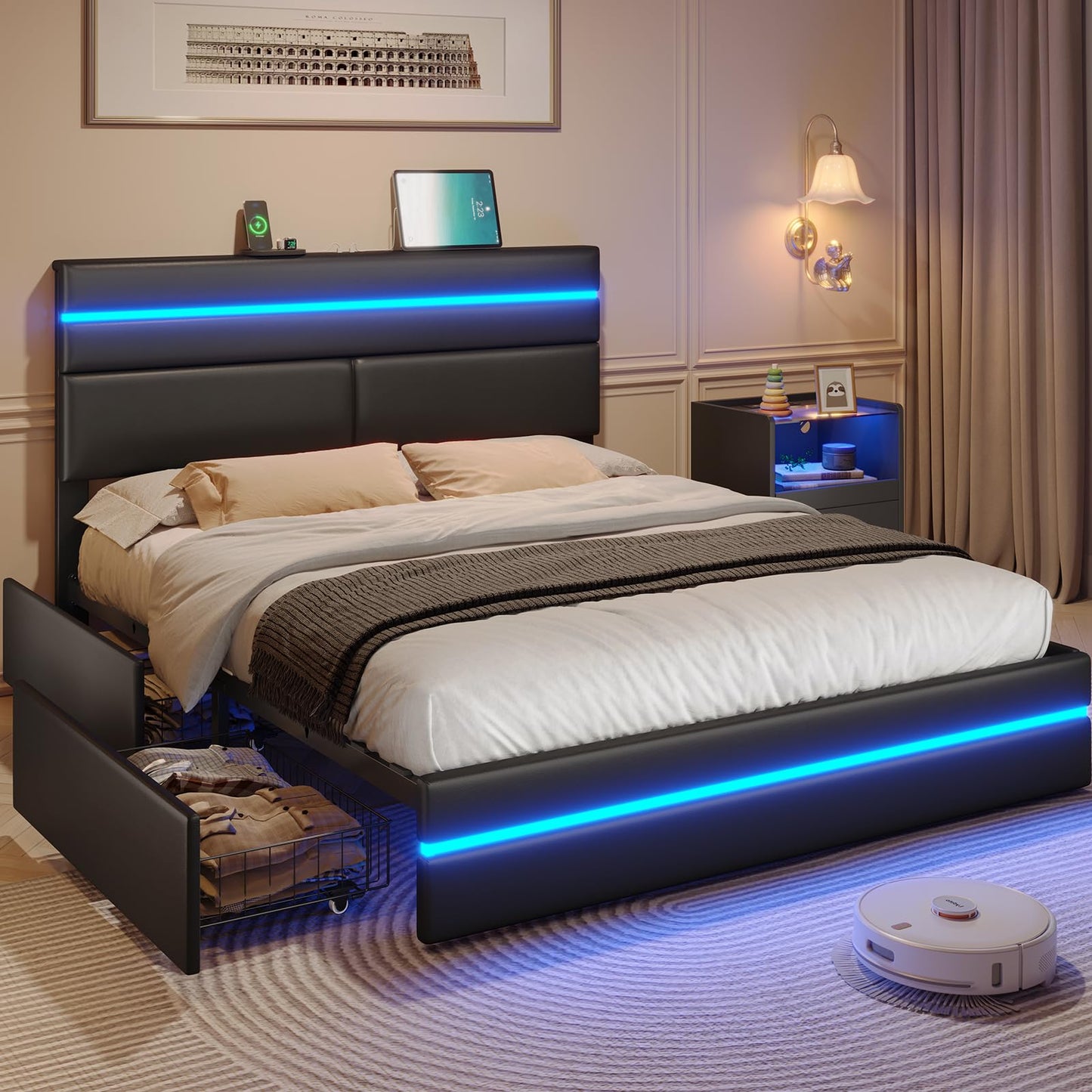 MSmask Queen Bed Frame with LED Lights and 4 Drawers, Upholstered Platform Bed Frame Queen Size with Lighted Storage Headboard & Footboard, Modern Black Futuristic Led Bed Frame, No Box Spring Needed - FocusAid Essentials: Empowering ADHD Living