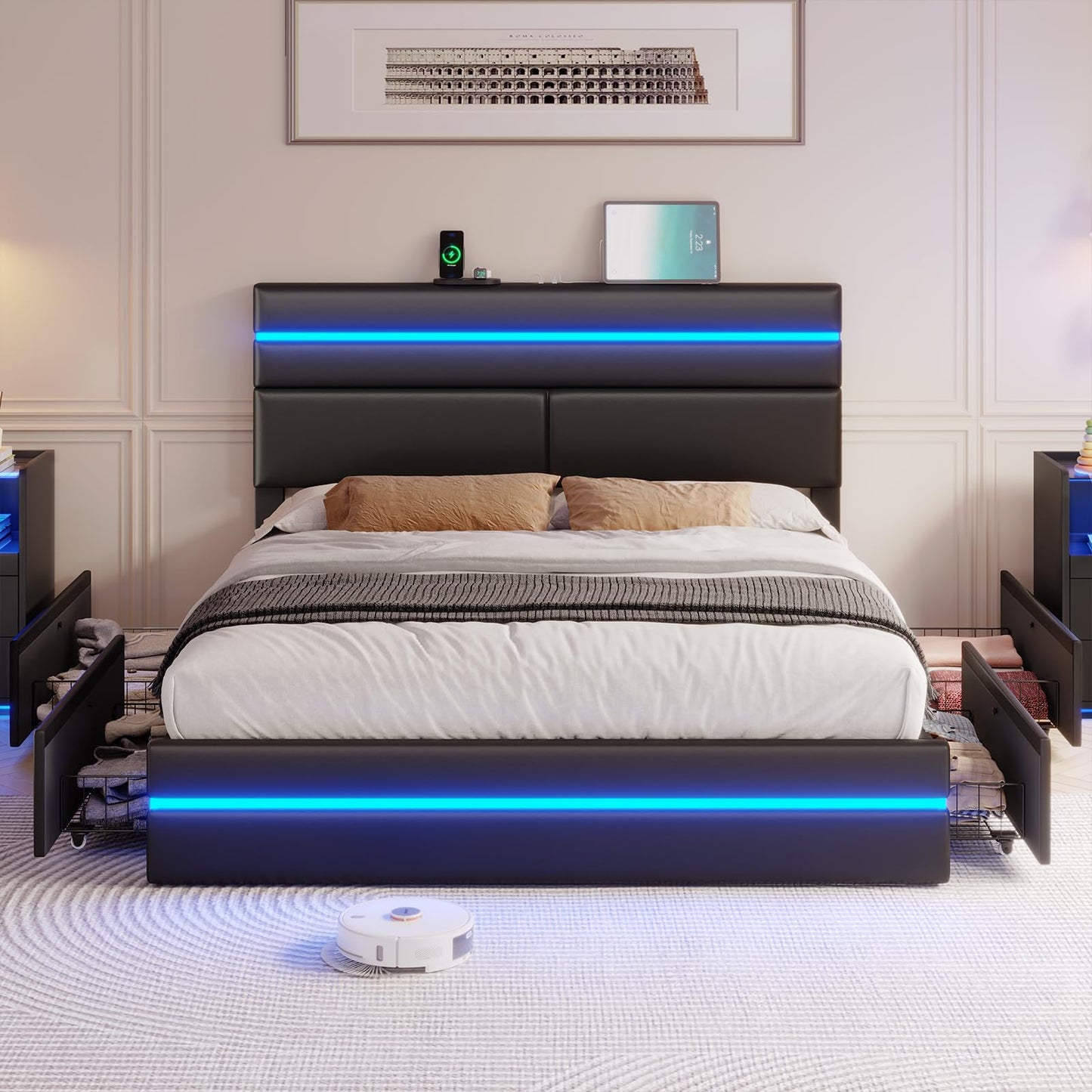 MSmask Queen Bed Frame with LED Lights and 4 Drawers, Upholstered Platform Bed Frame Queen Size with Lighted Storage Headboard & Footboard, Modern Black Futuristic Led Bed Frame, No Box Spring Needed - FocusAid Essentials: Empowering ADHD Living