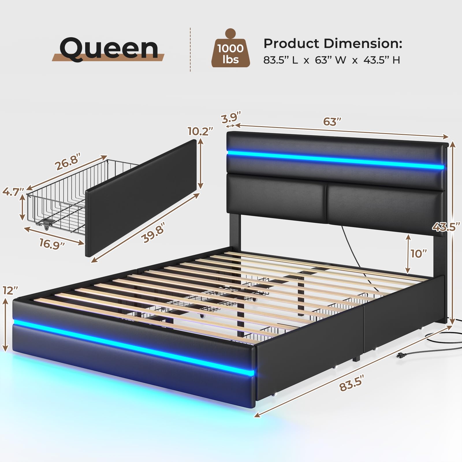 MSmask Queen Bed Frame with LED Lights and 4 Drawers, Upholstered Platform Bed Frame Queen Size with Lighted Storage Headboard & Footboard, Modern Black Futuristic Led Bed Frame, No Box Spring Needed - FocusAid Essentials: Empowering ADHD Living