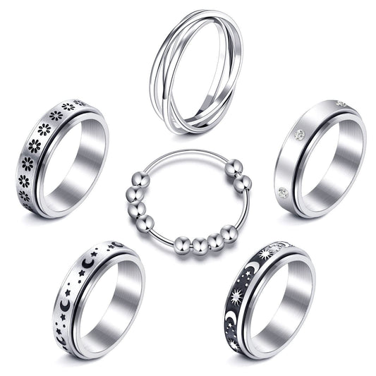 MUCAL Fidget Rings for Anxiety 8pcs Stainless Steel Spinner Ring Anti Spinning Moon Star Cool Stress Relieveing Women Men - FocusAid Essentials: Empowering ADHD Living