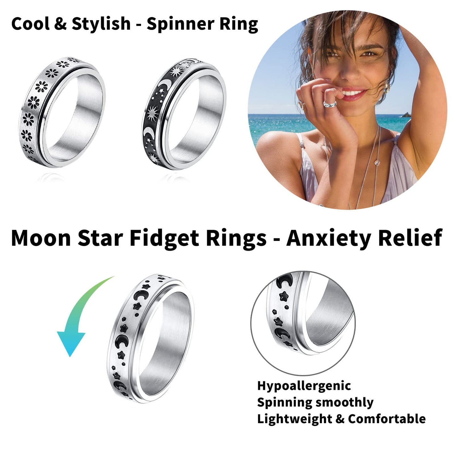 MUCAL Fidget Rings for Anxiety 8pcs Stainless Steel Spinner Ring Anti Spinning Moon Star Cool Stress Relieveing Women Men - FocusAid Essentials: Empowering ADHD Living