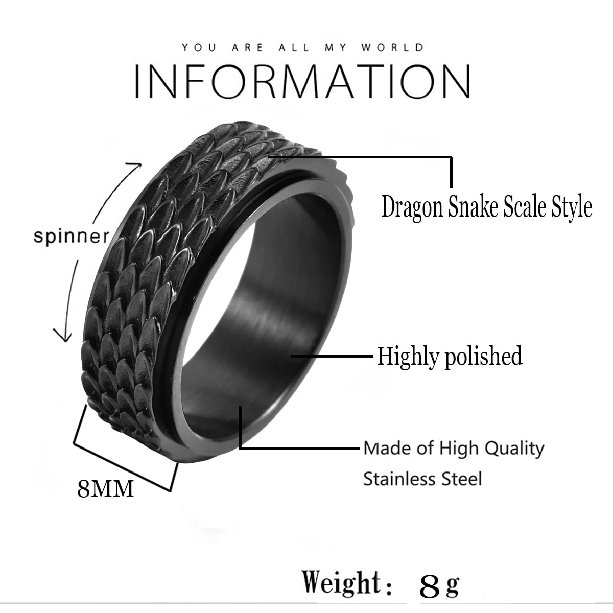 Nanafast Dragon Scale Anxiety Ring for Men Cool Stainless Steel Snake Dragon Scales Spinner Rings Fidget Ring Mens Ring Gift - Black - 7 - FocusAid Essentials: Empowering ADHD Living