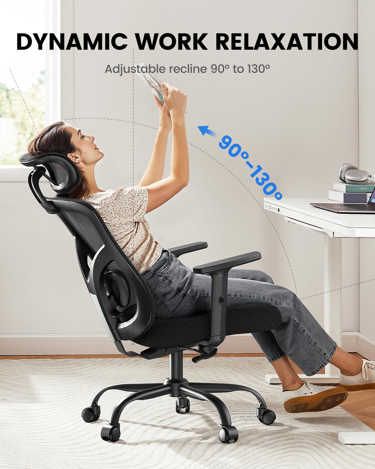 NOBLEWELL Ergonomic Office Chair with Padded Lumbar Support, 2D Headrest, Adjustable Armrests, Upgraded Contoured Seat Cushion, 130° Rocking Tilt, Computer Chair for Home Office, NWOC1 - 1 - FocusAid Essentials: Empowering ADHD Living